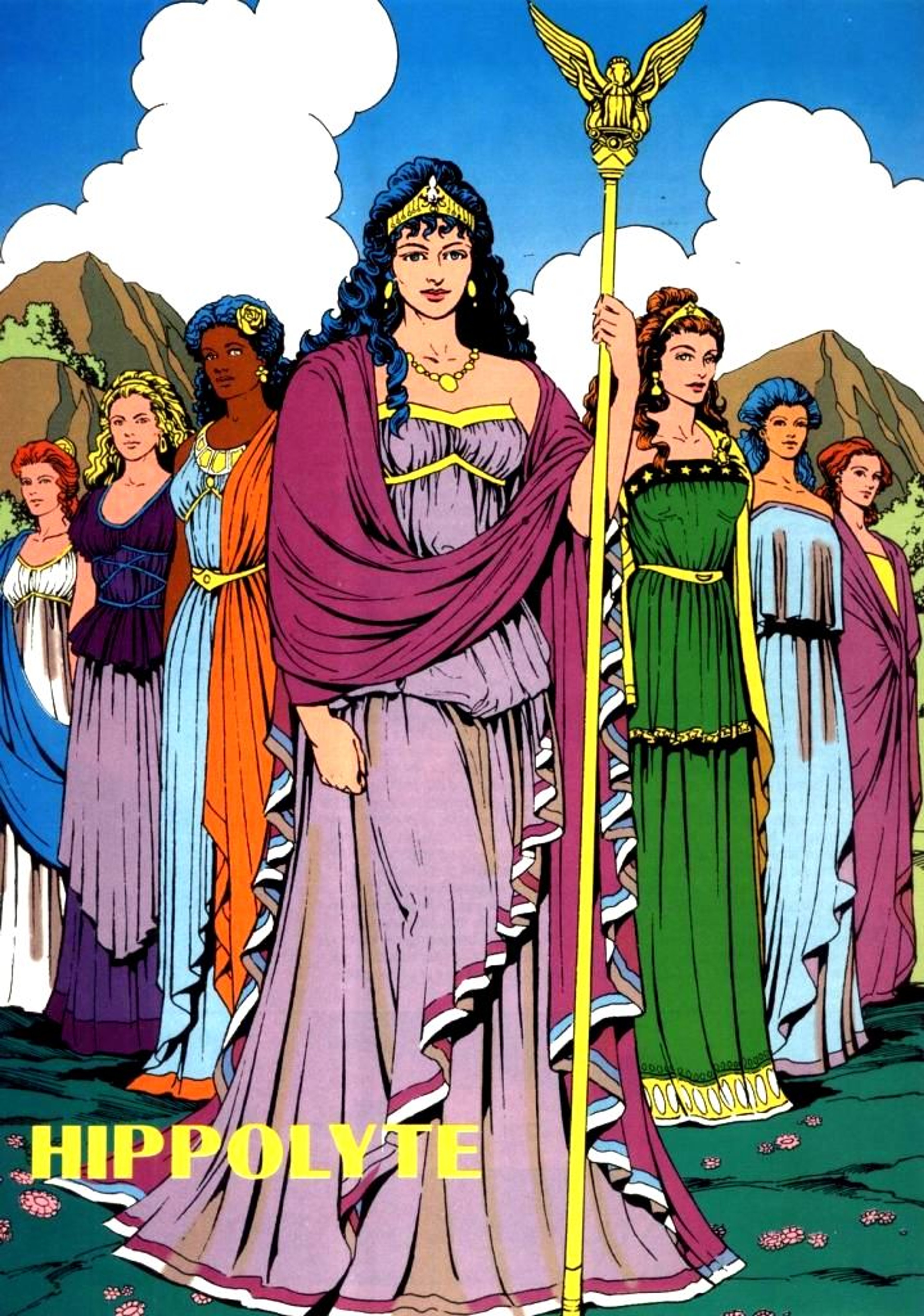 A group of women in ornate dresses and robes, with a central figure holding a golden scepter or staff.