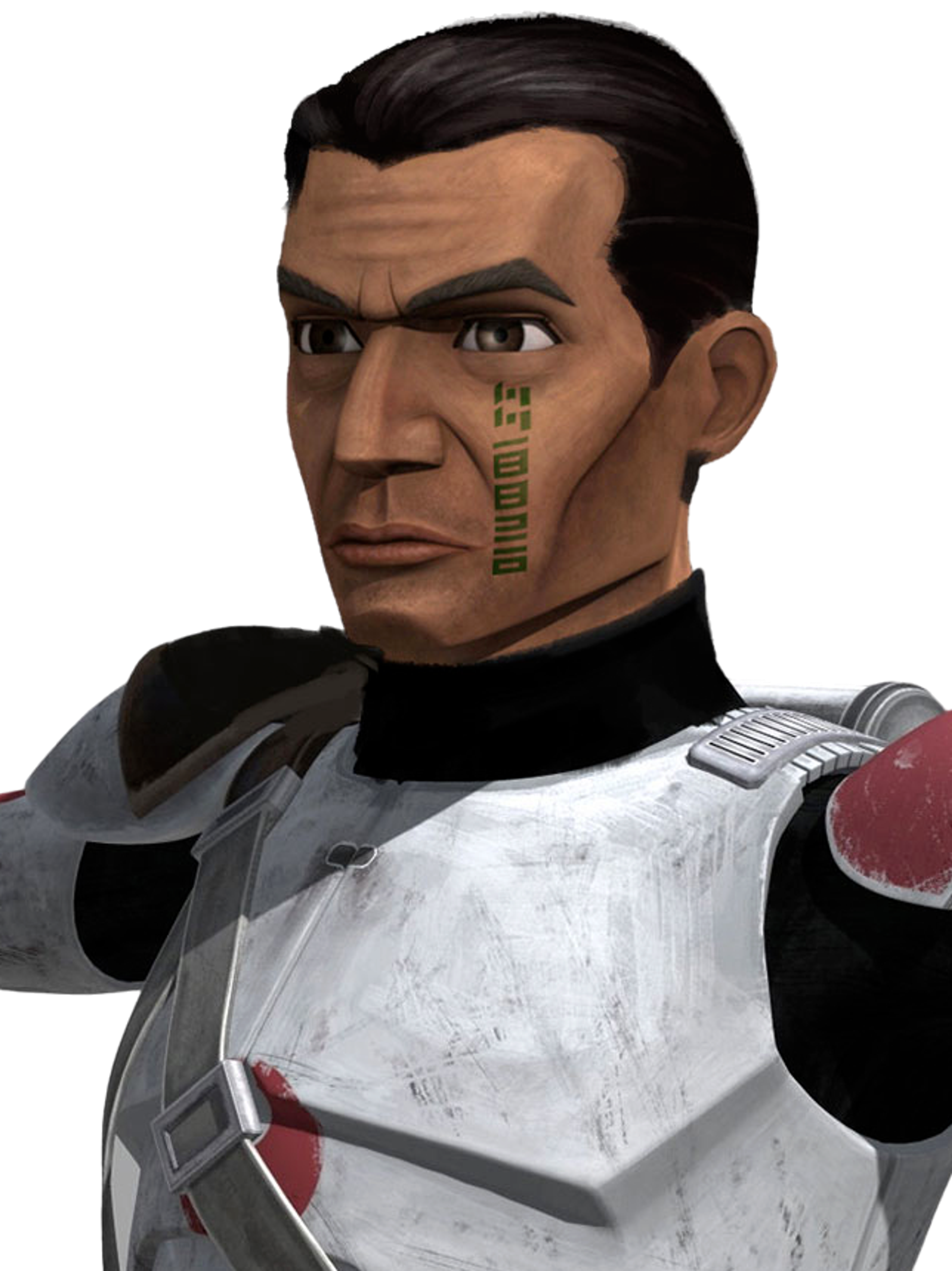 A male humanoid character in a black bodysuit and white armor