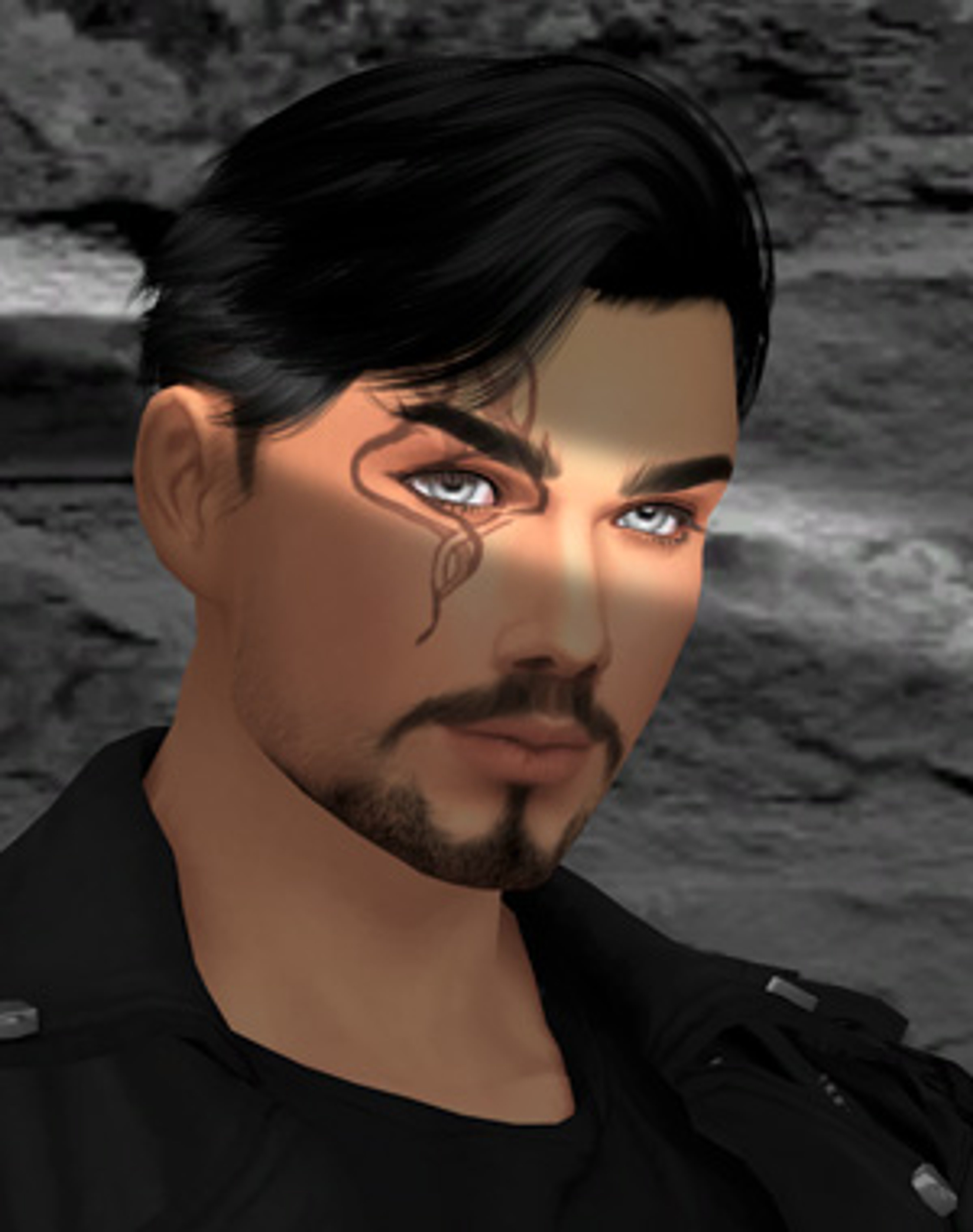 A male character with dark hair and intense eyes wearing a black leather jacket
