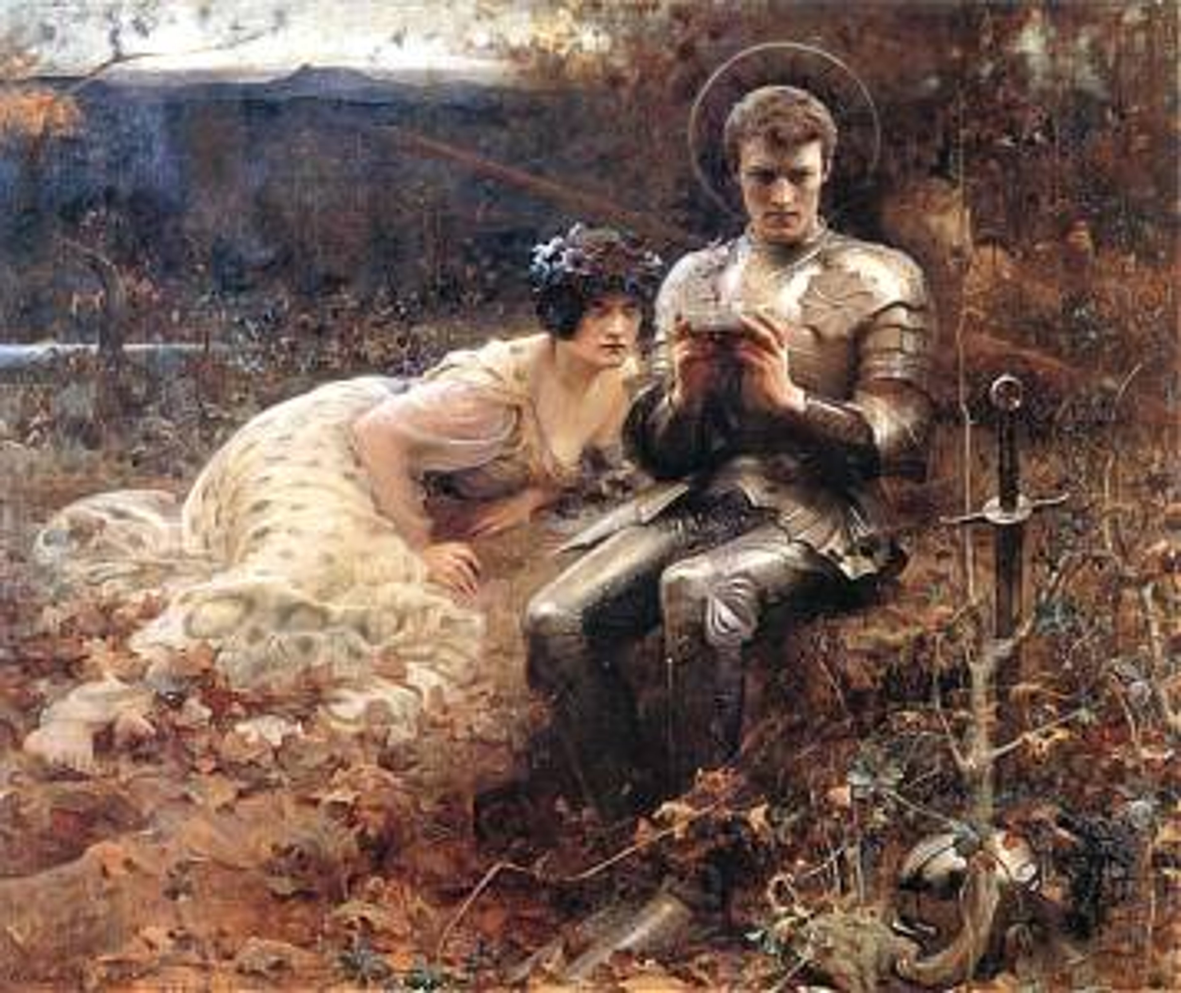 A young man with long hair sitting in a field of flowers, wearing a white robe and appearing to have a halo around his head.