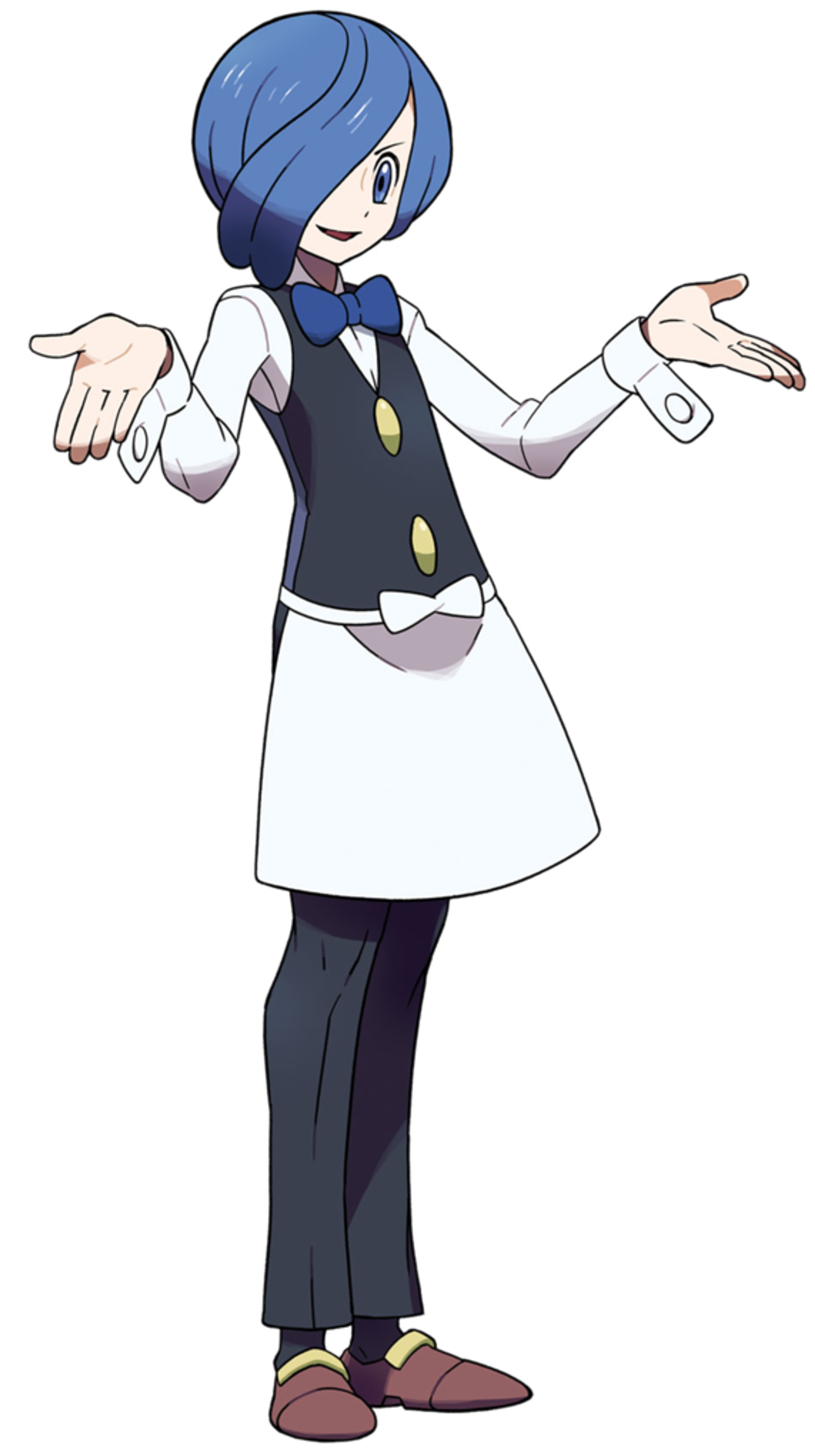 An anime-style character with blue hair and a refined, sophisticated appearance