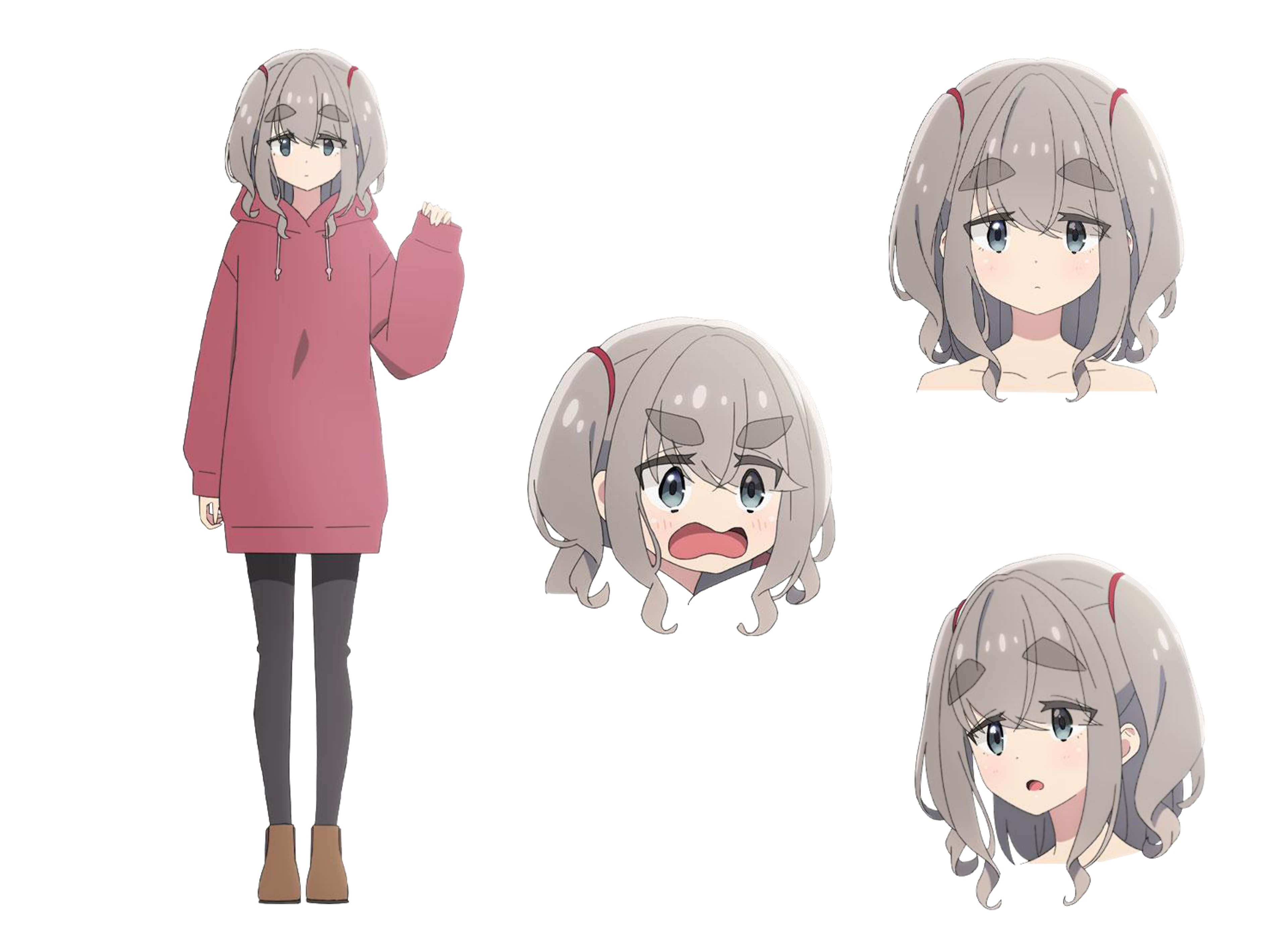 An anime-style illustration of a young female high school student with gray hair wearing a pink sweater