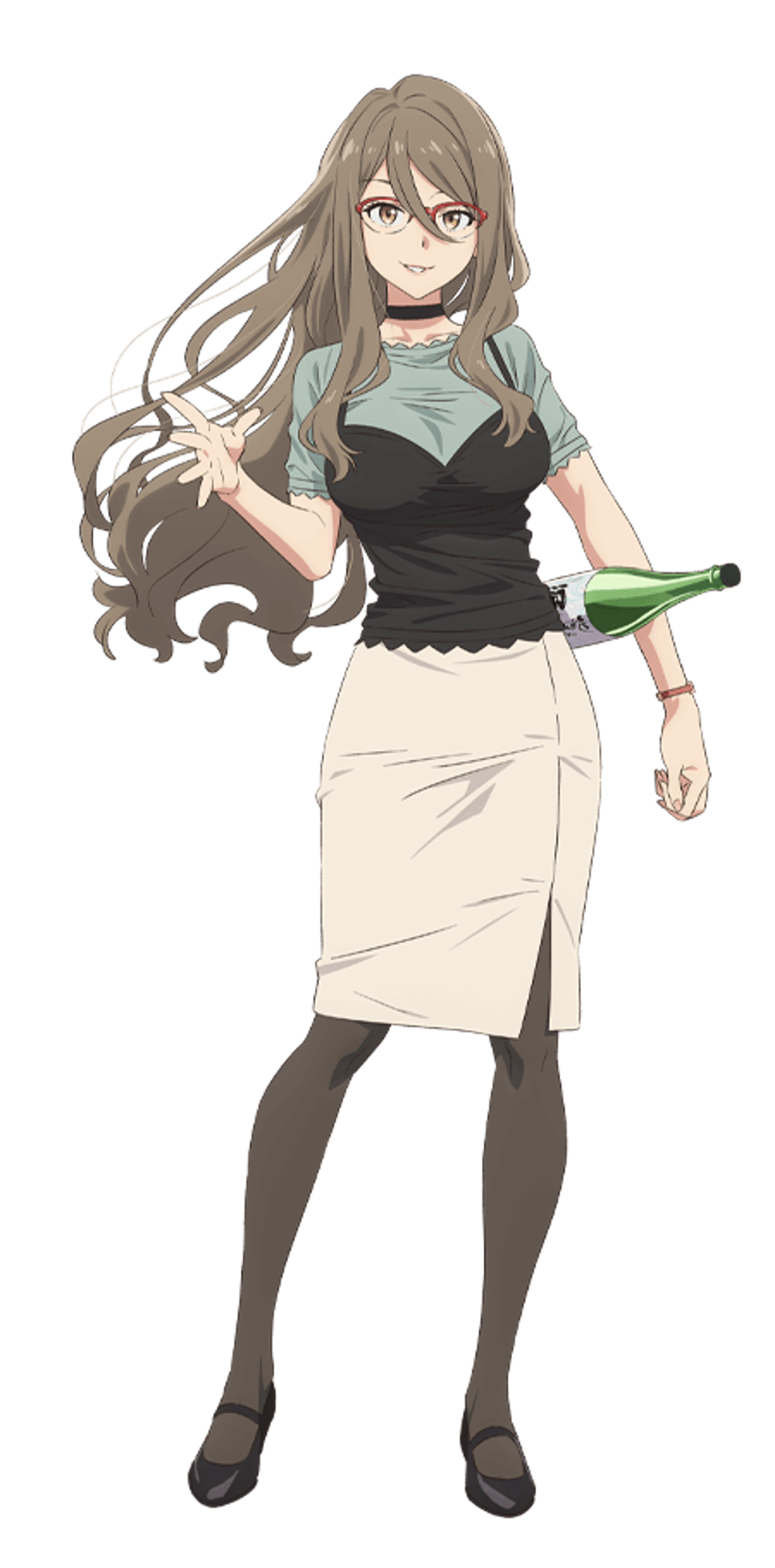 A young woman with long brown hair and glasses, wearing a black top and white skirt, holding a drink.