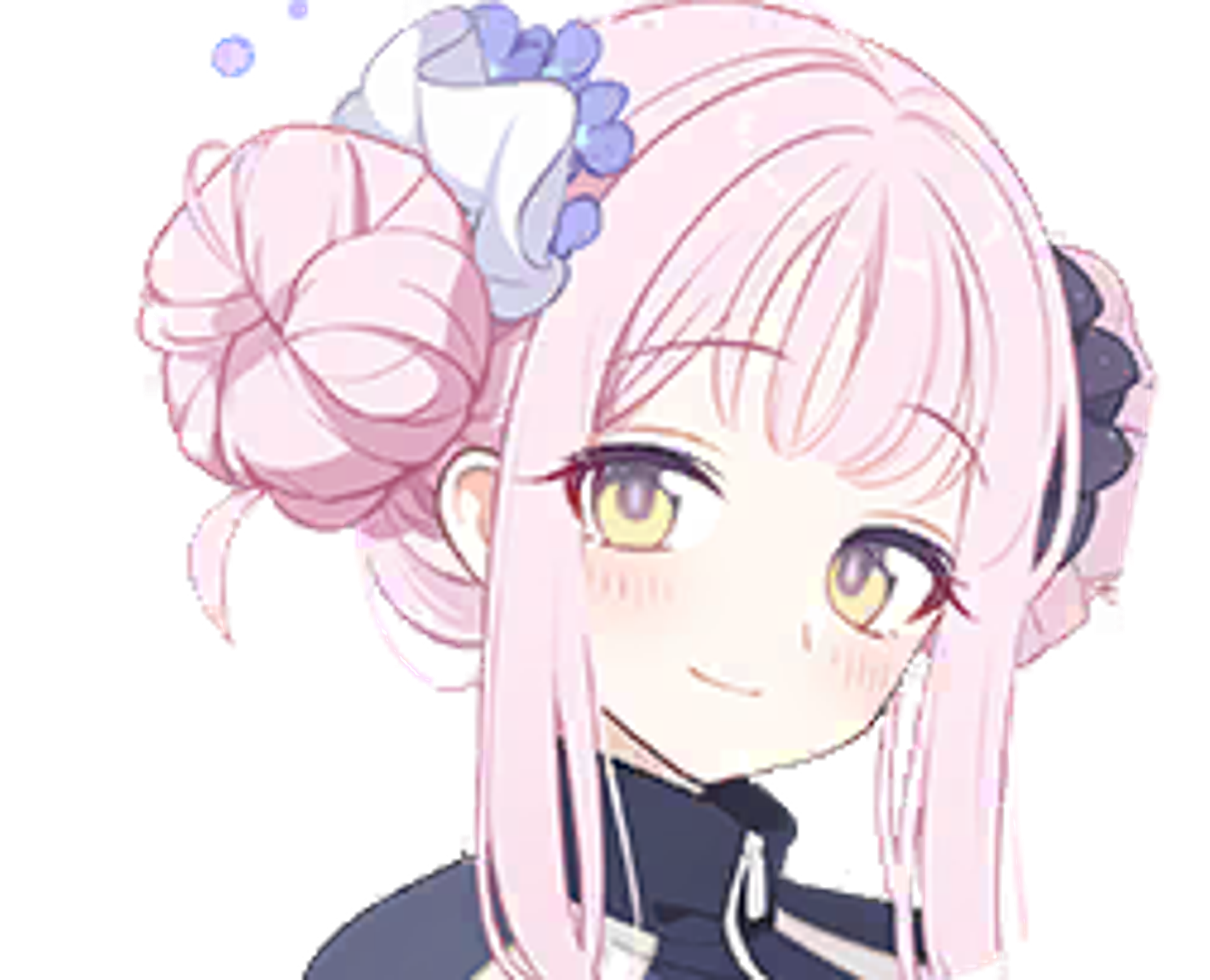 An anime-style character with light pink hair in pigtails and blue eyes, wearing a black outfit with a high collar.