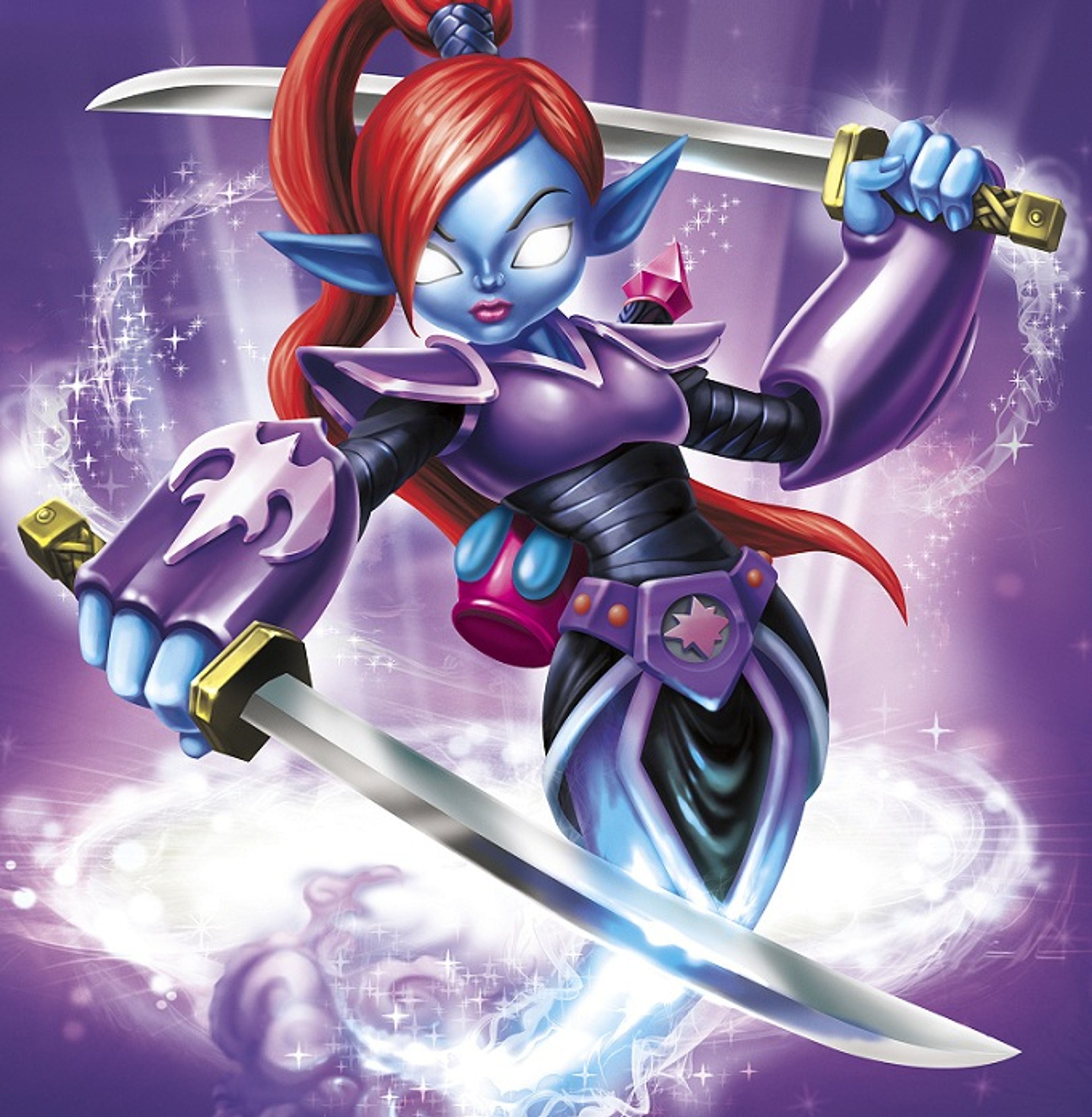 A powerful ninja genie character named Ninjini, wielding dual swords and surrounded by magical energy.