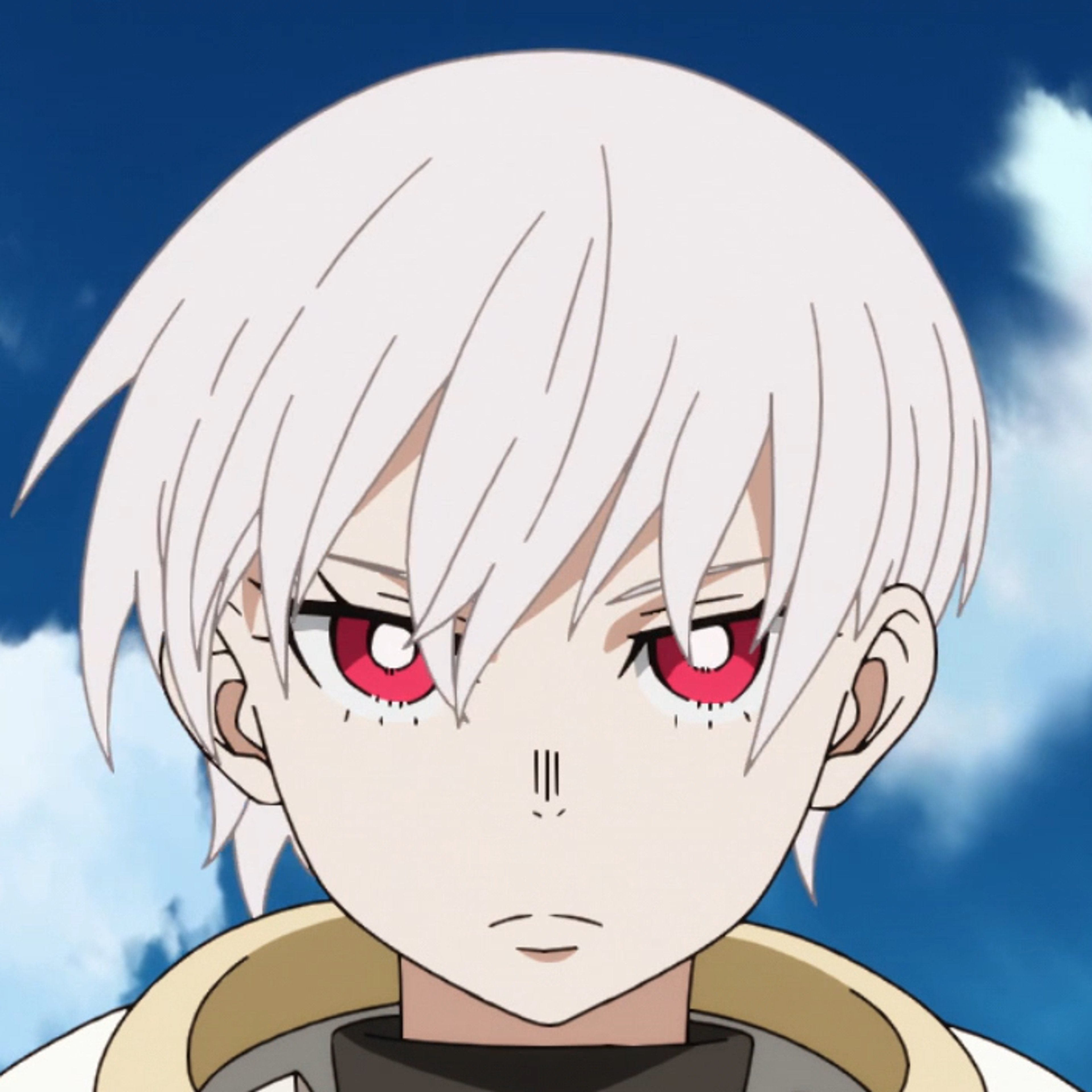 White-haired young male anime character from Fire Force