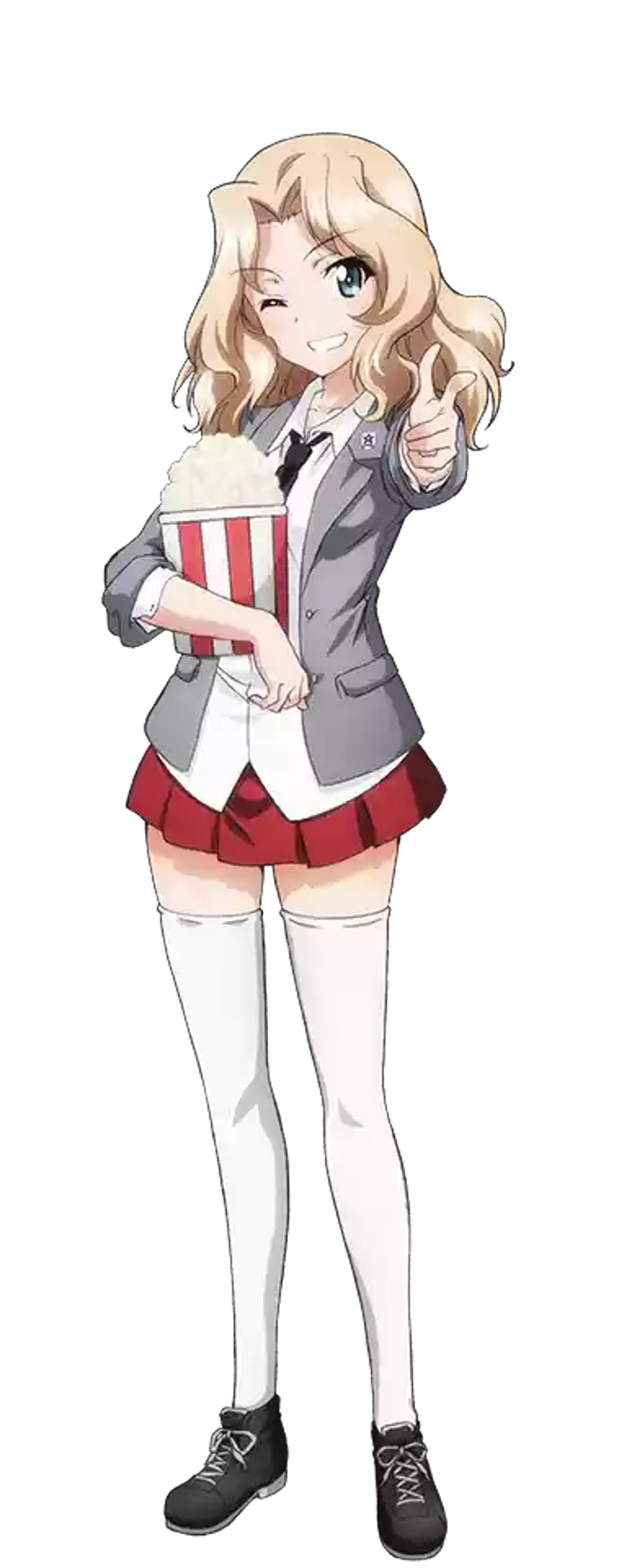 A young woman with blonde hair and blue eyes wearing a personalized school uniform and holding a large container of snacks.