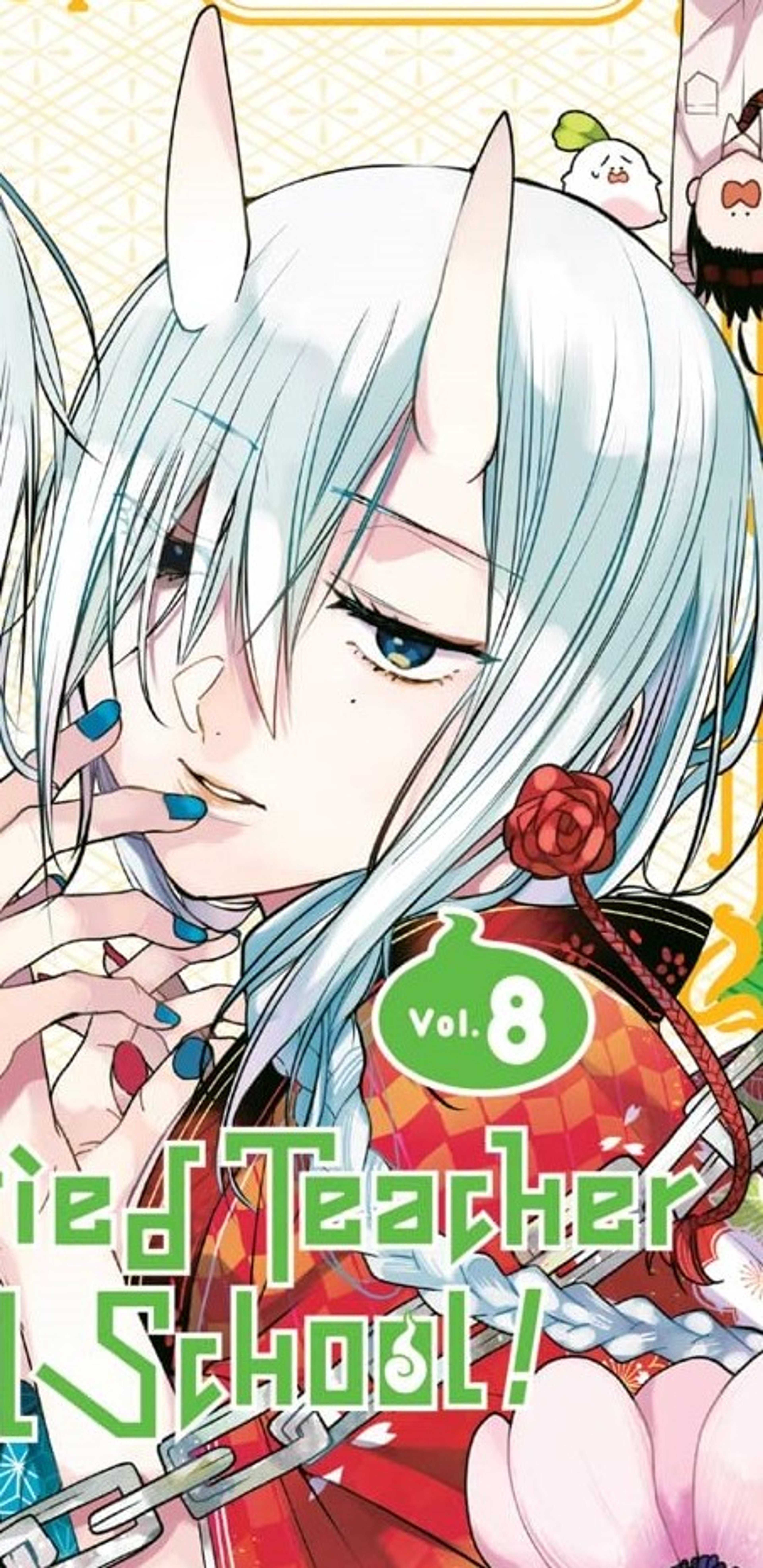 An anime-style character with blue hair and horns wearing a red kimono