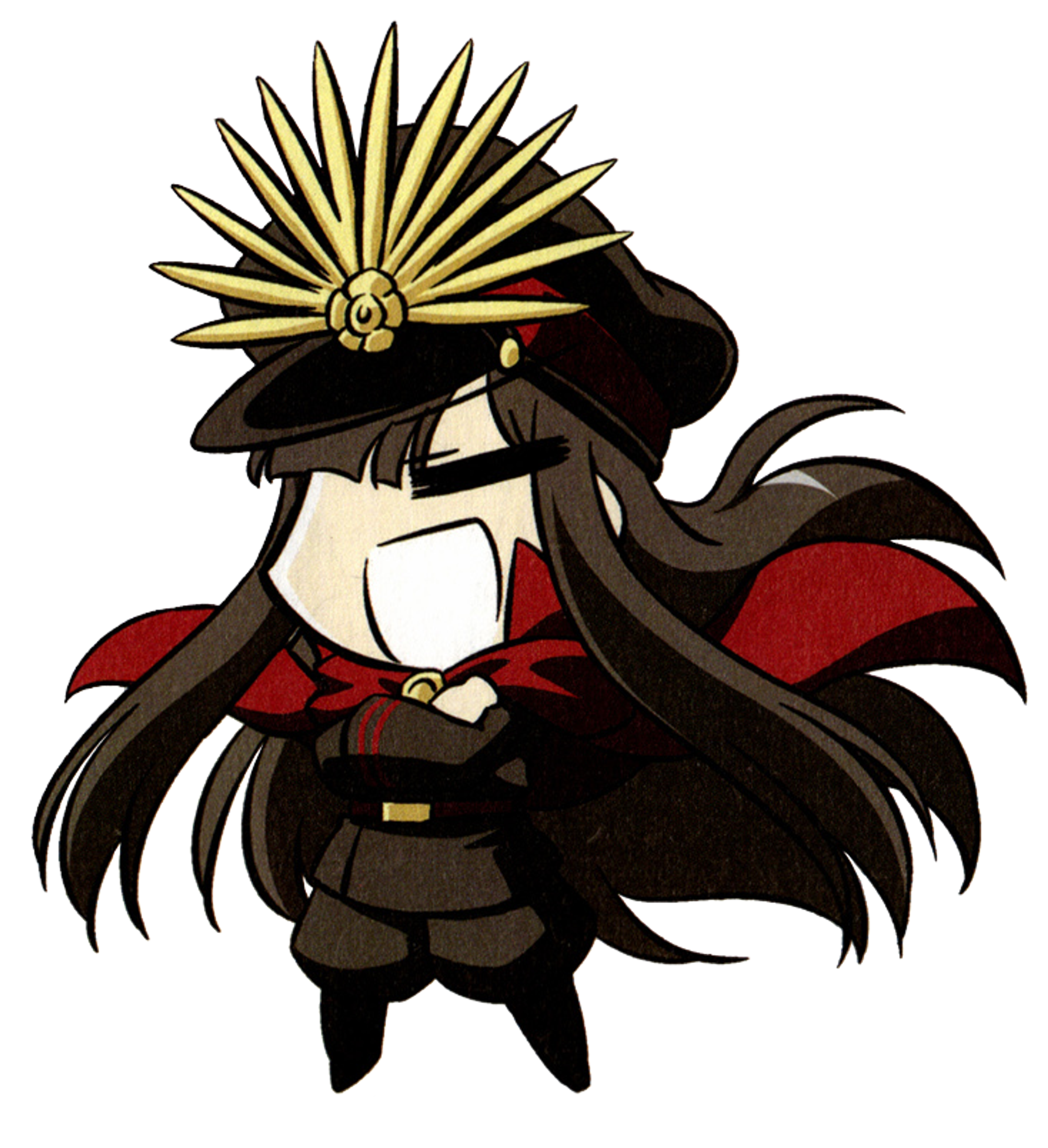 An anime-style character design of a young female military commander with long dark hair, wearing a red and black uniform with gold accents and holding a bow.