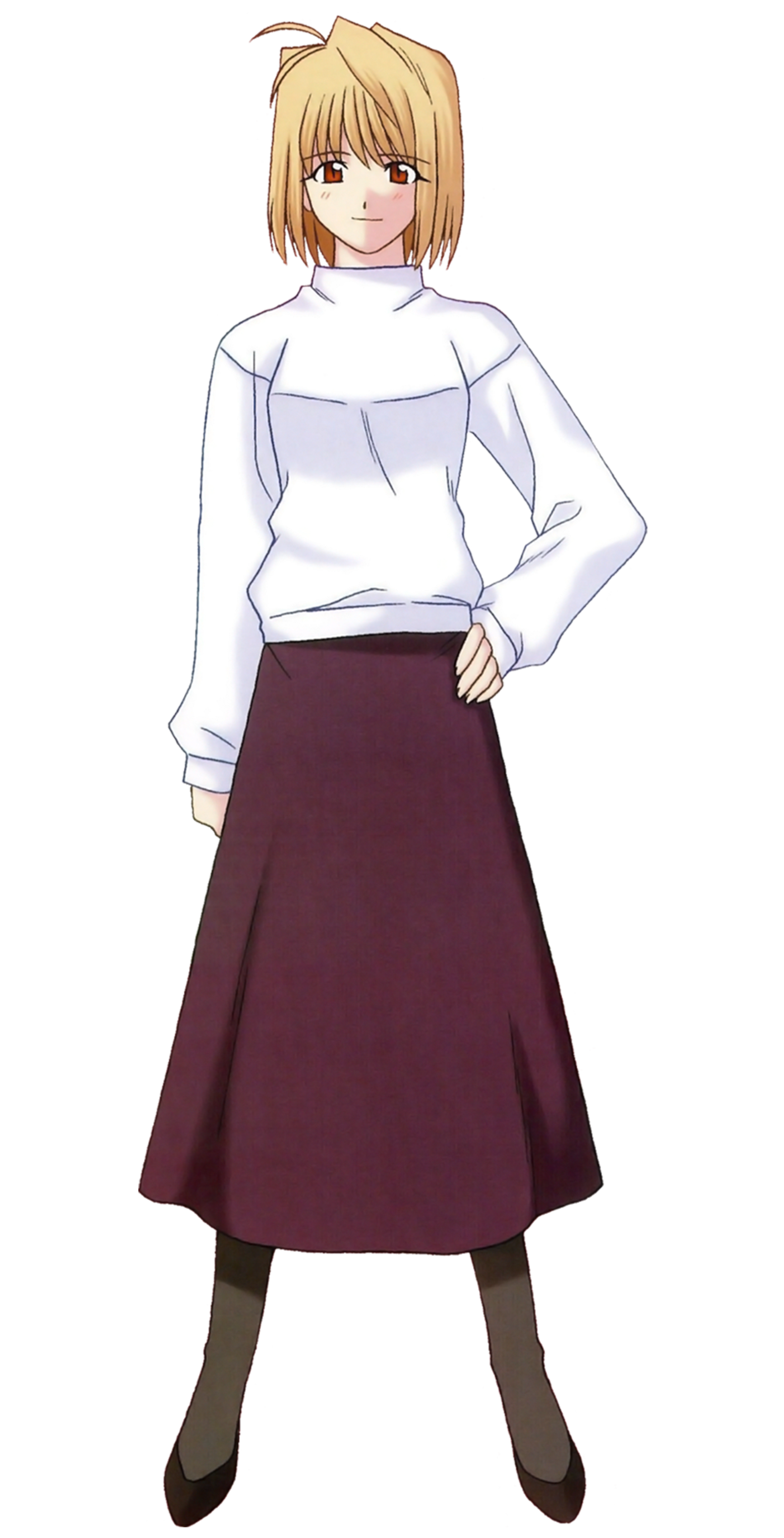 An anime-style character with long blonde hair and red eyes, wearing a white top and burgundy skirt.