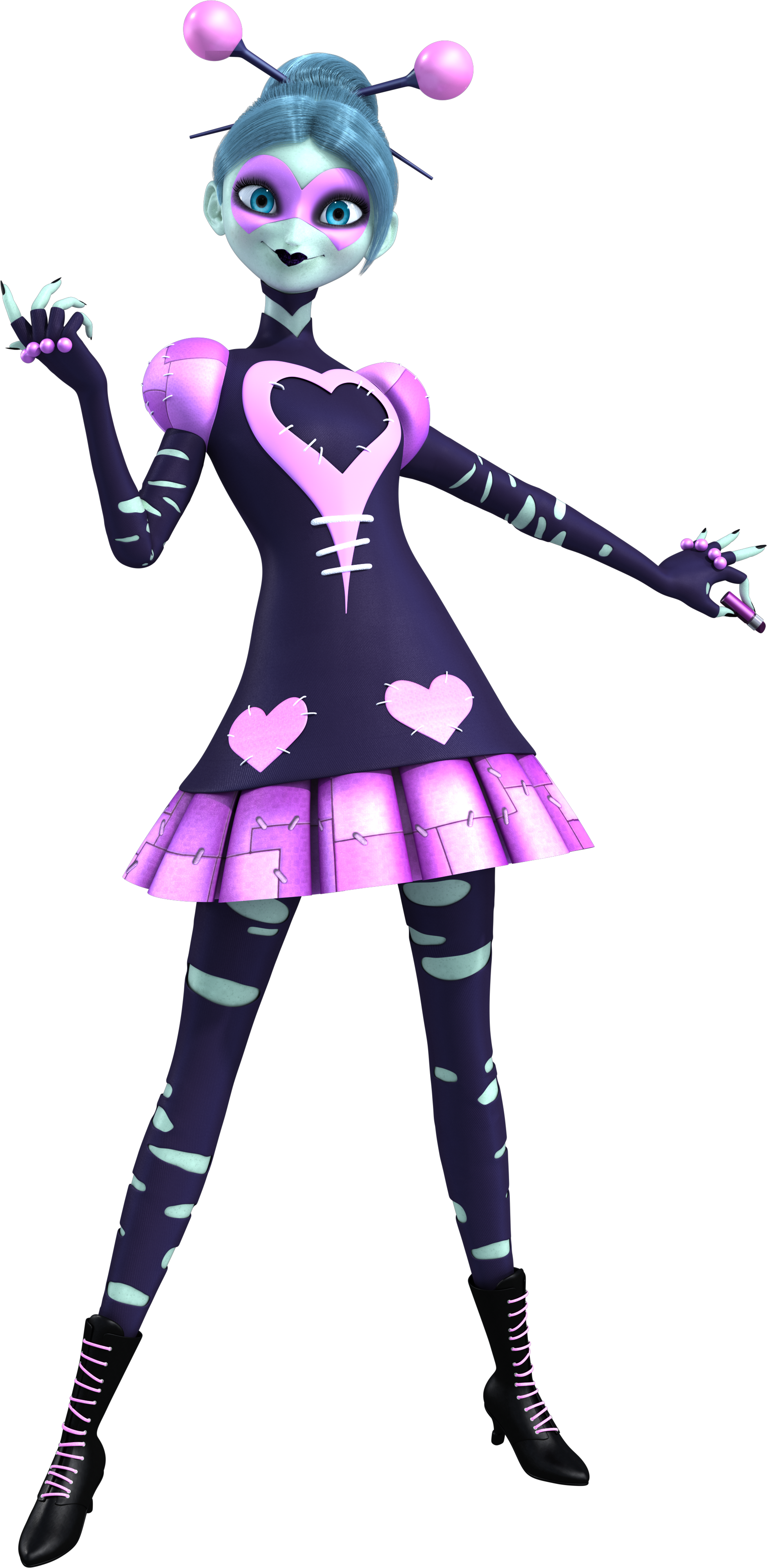 A female character with grey skin, black heart-shaped lipstick, and a black dress with pink accents.