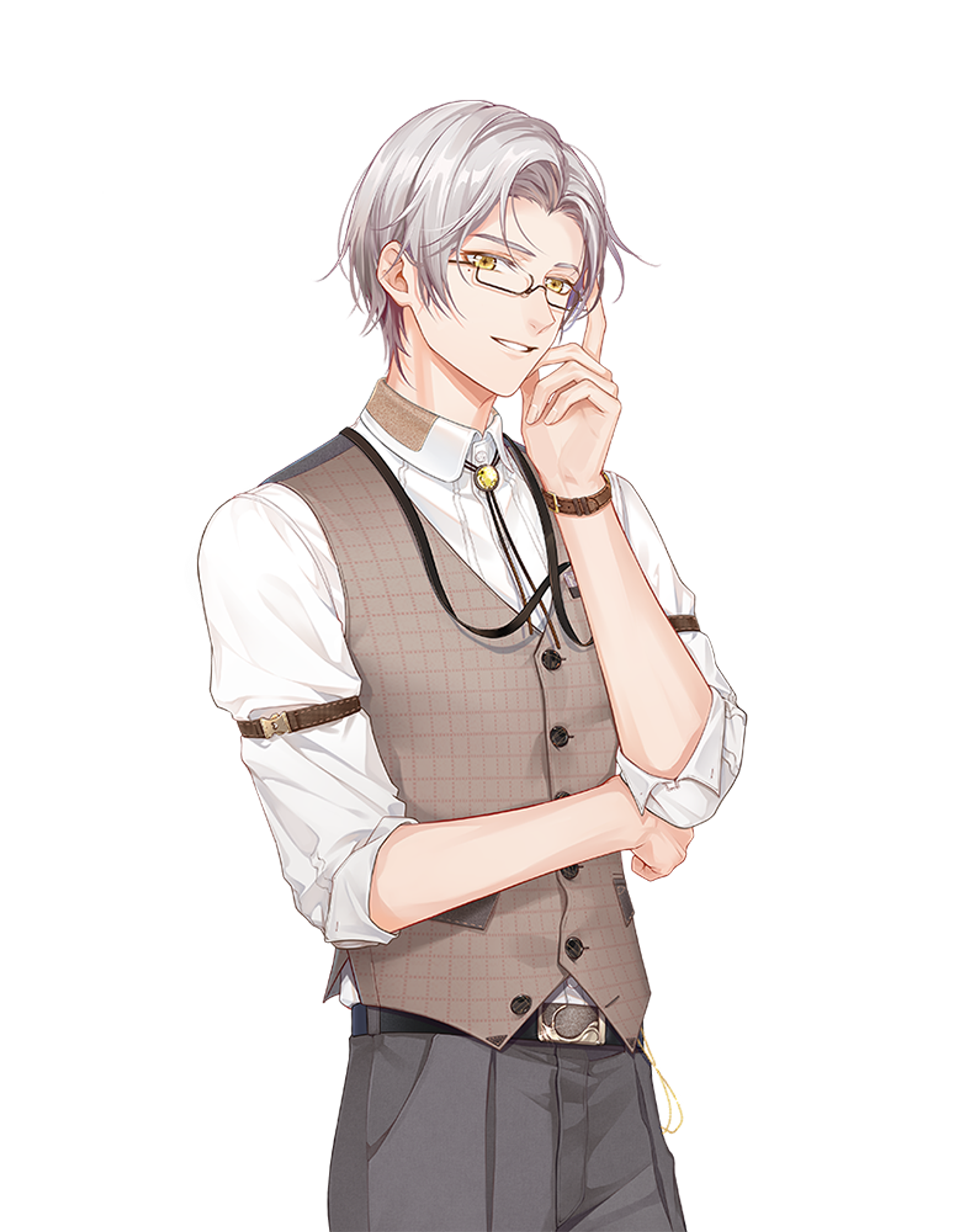 A young man with white hair and golden eyes, wearing a gray vest and white shirt, looking directly at the viewer with a thoughtful expression.