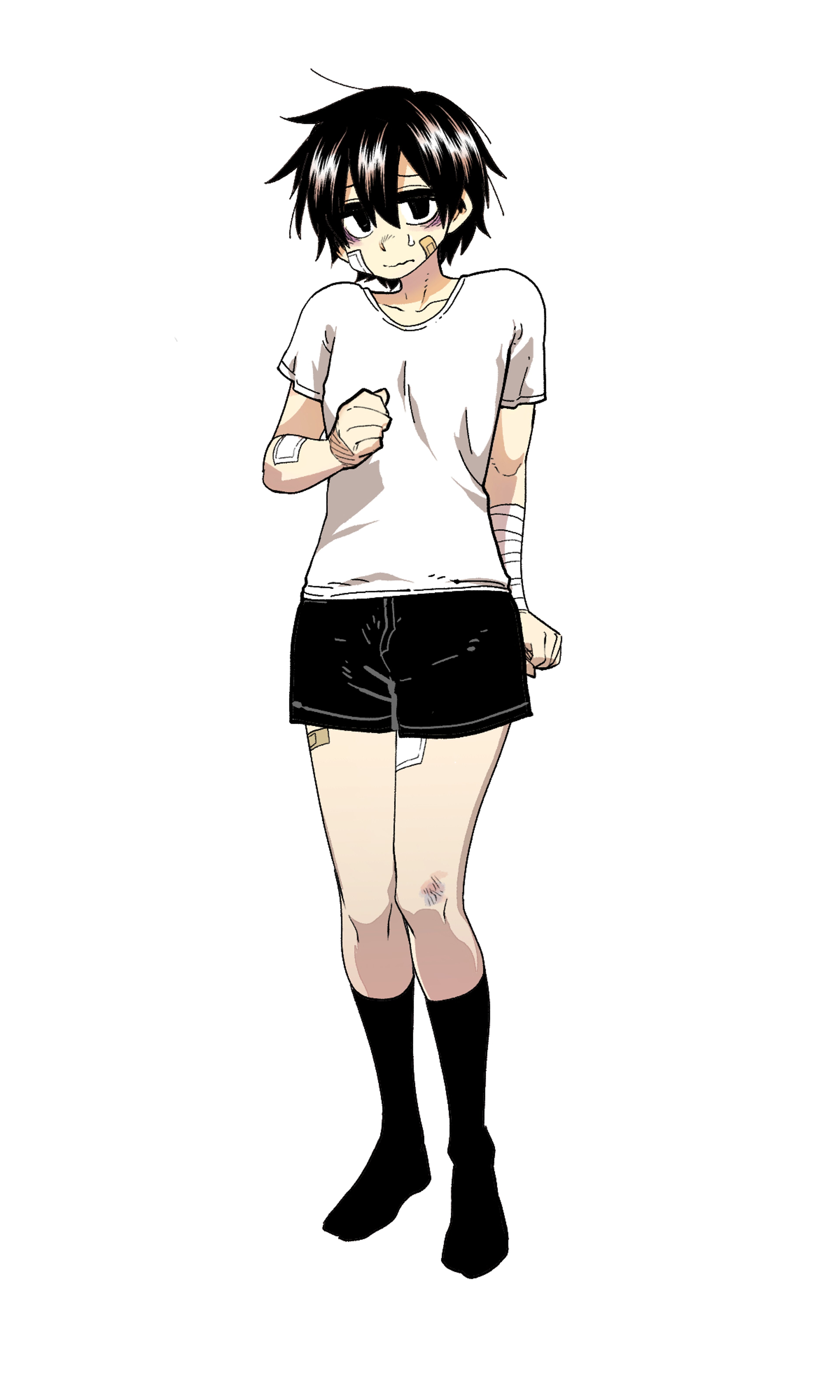 A young, androgynous-looking person with messy black hair, grey eyes, and a thin, youthful build, wearing a white t-shirt, black shorts, and knee-high socks.