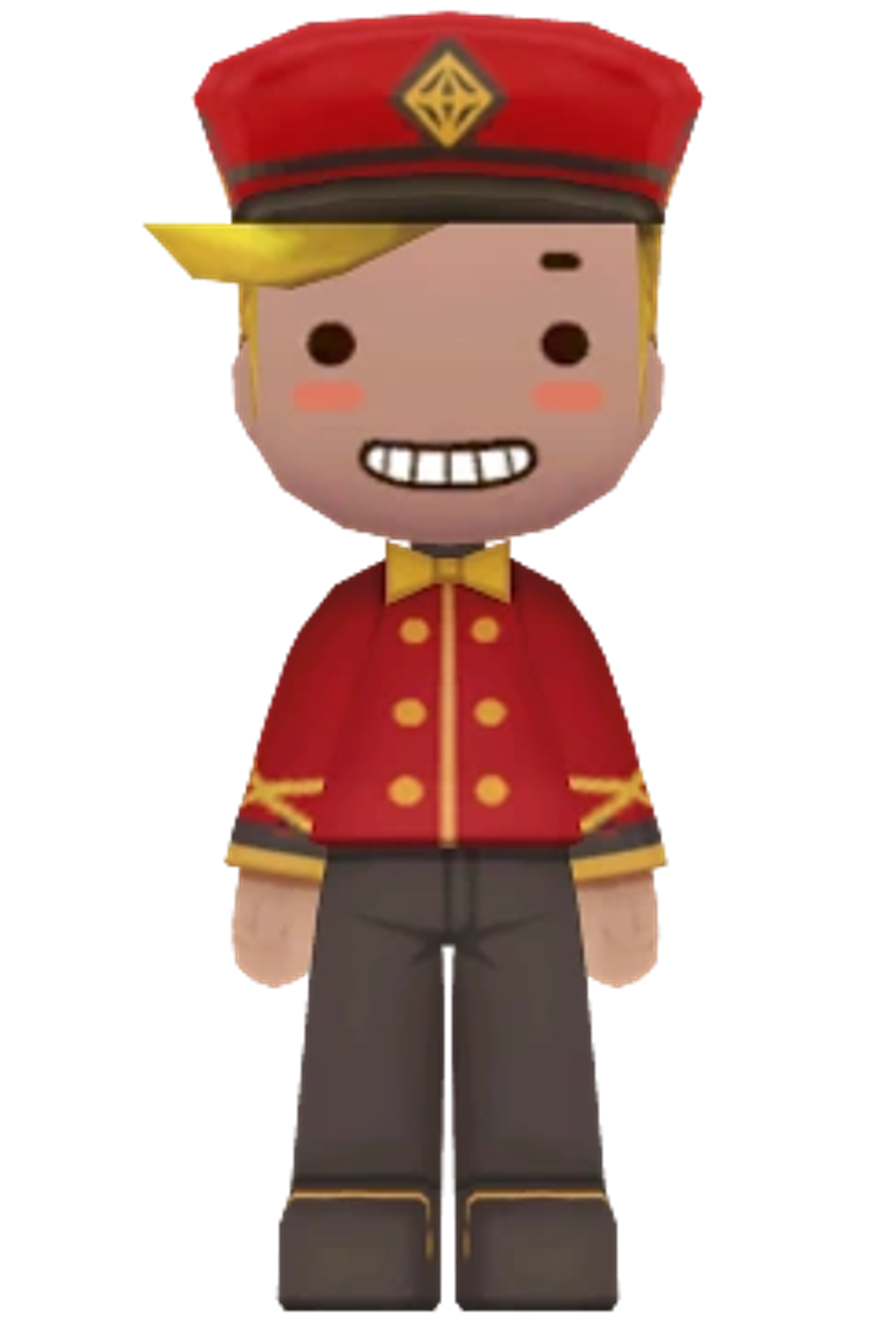 A friendly, cartoon-style character in a red uniform with a cheerful expression
