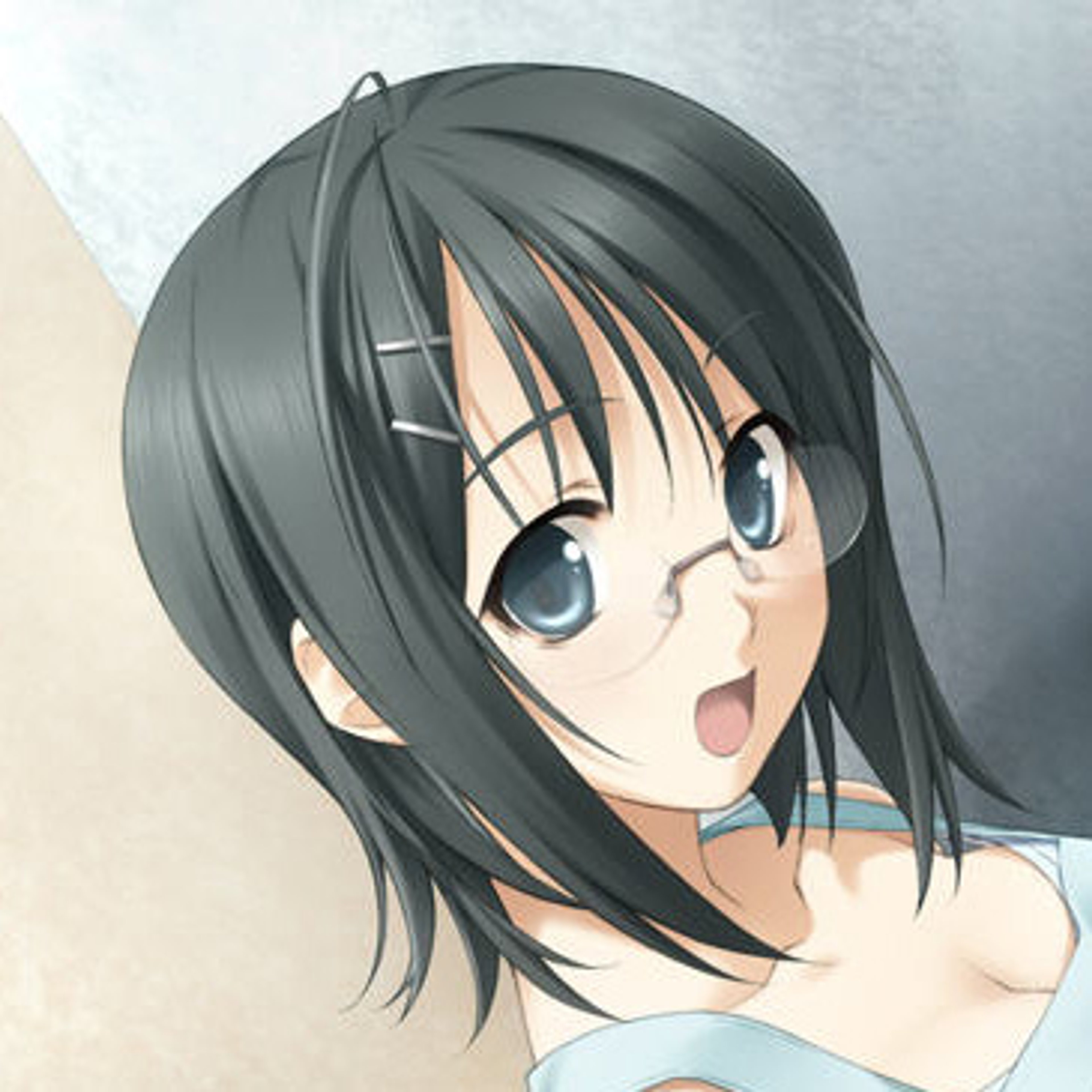 A young woman with short dark hair and glasses, wearing a school uniform.