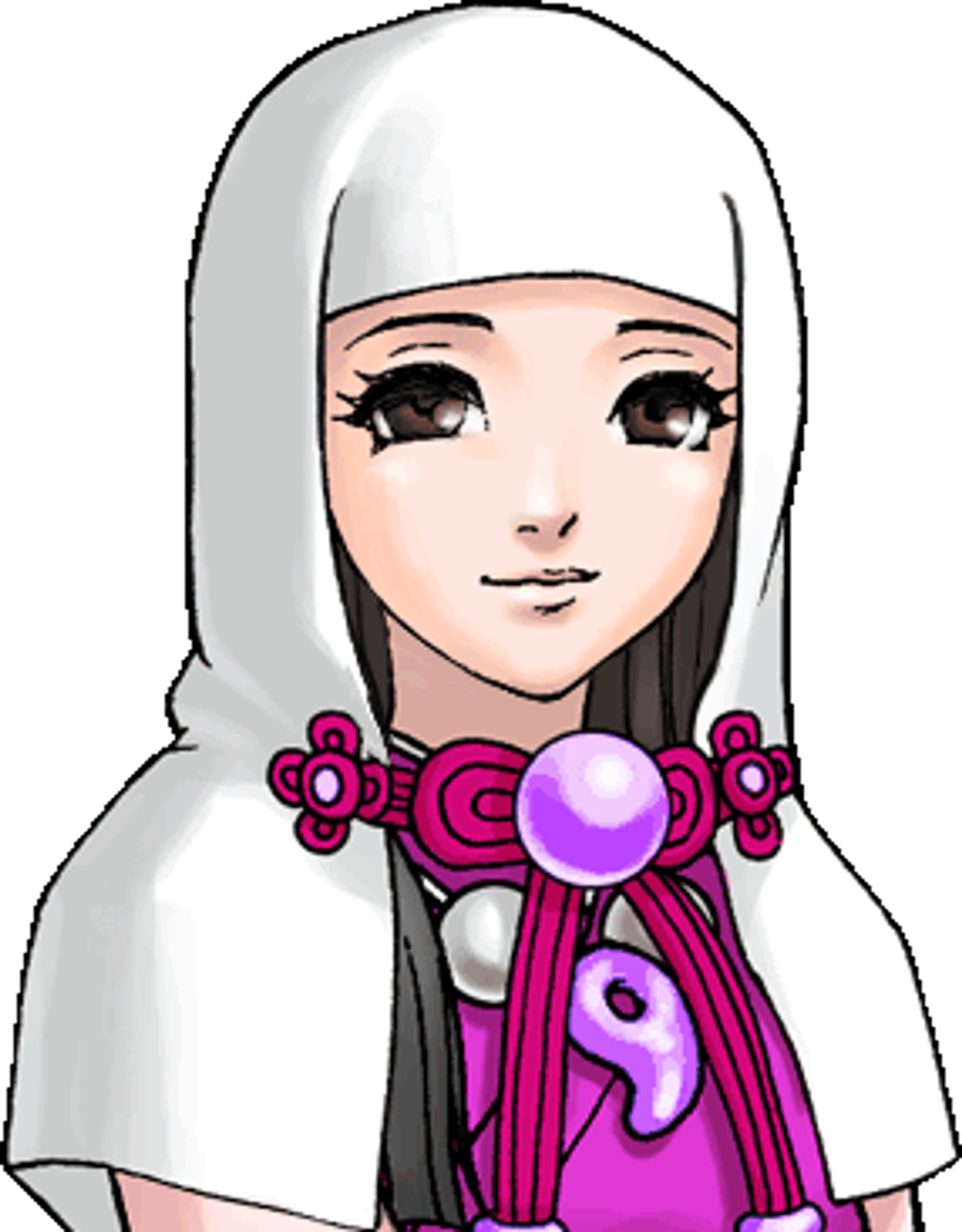 An anime-style character with long white hair wearing a white robe with pink accents, appearing to be a shrine maiden or religious figure.