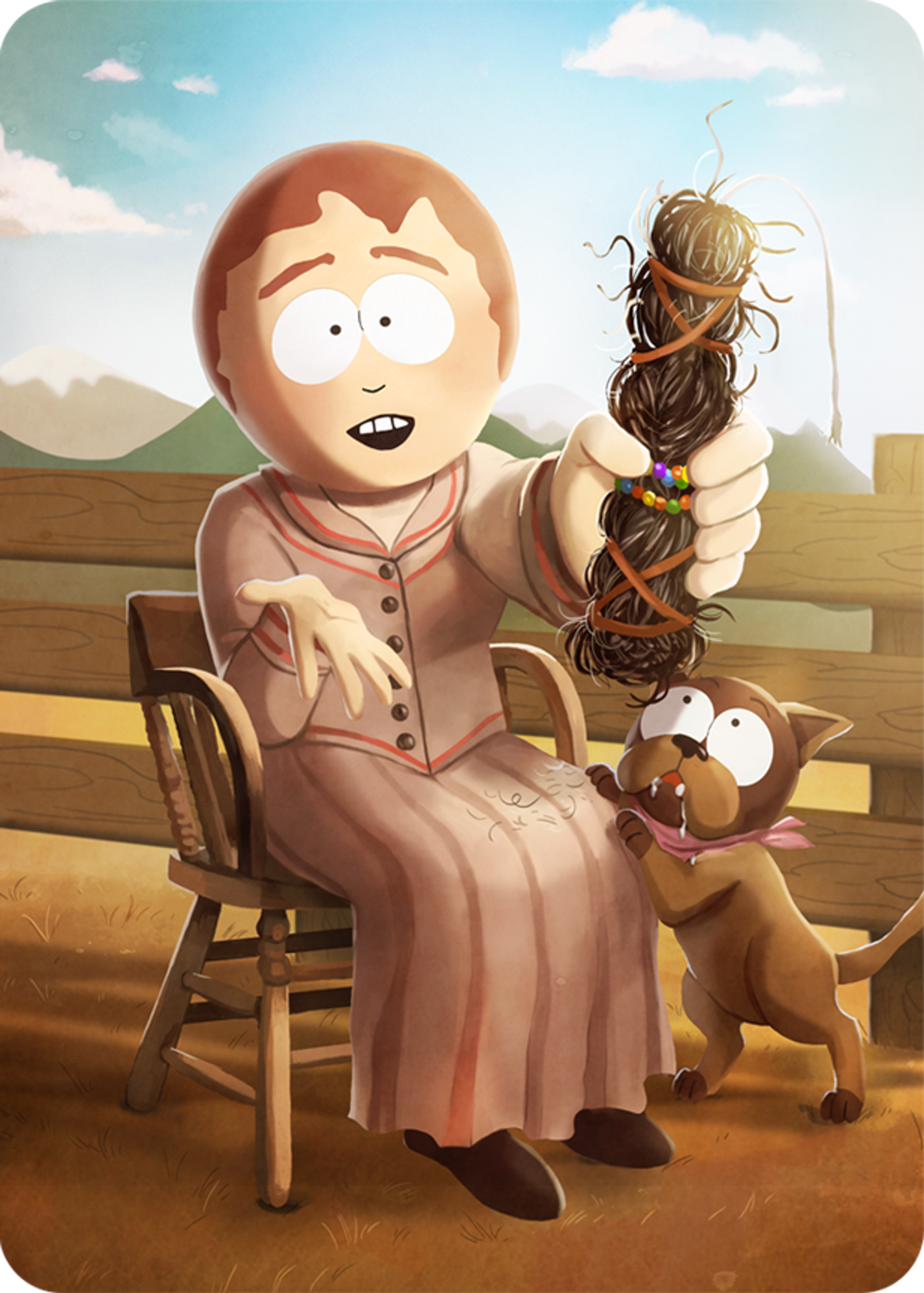 An animated character named Sharon Marsh, the Medicine Woman from South Park, sitting in a rocking chair in a rural setting.