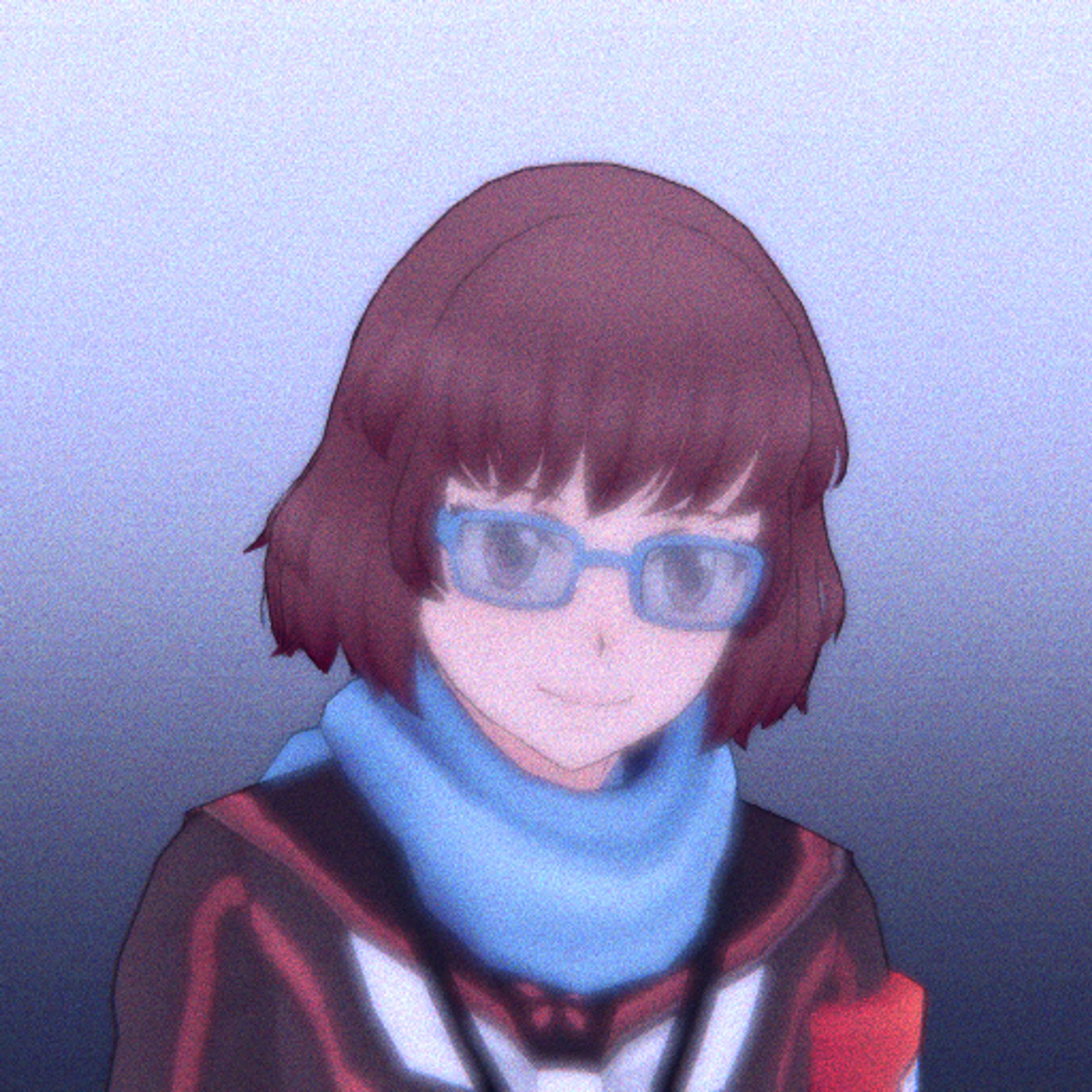 An anime-style character with short, dark red hair and teal glasses wearing a blue scarf and red jacket.