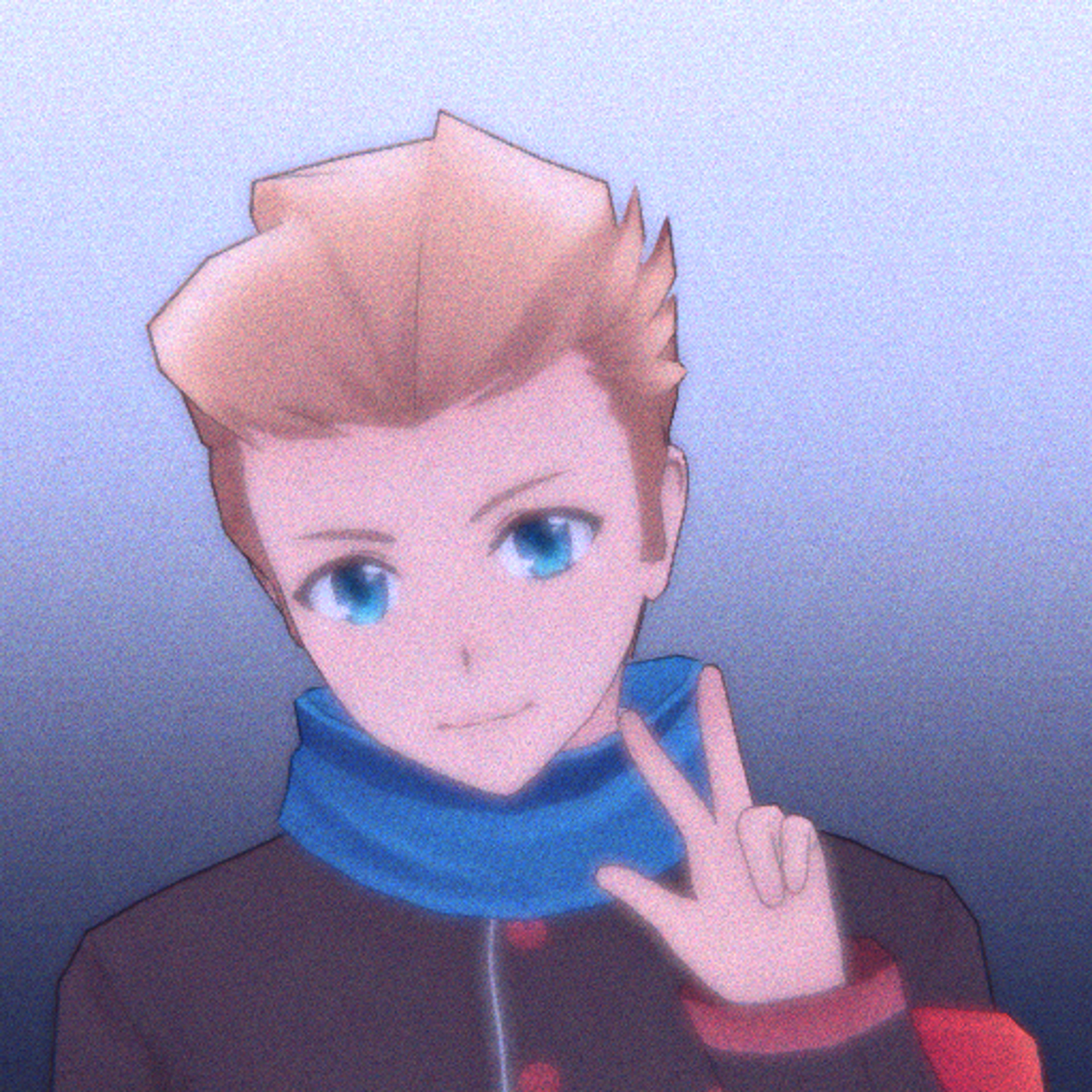 A young man with blonde hair and blue eyes wearing a school uniform with a blue scarf and red armband