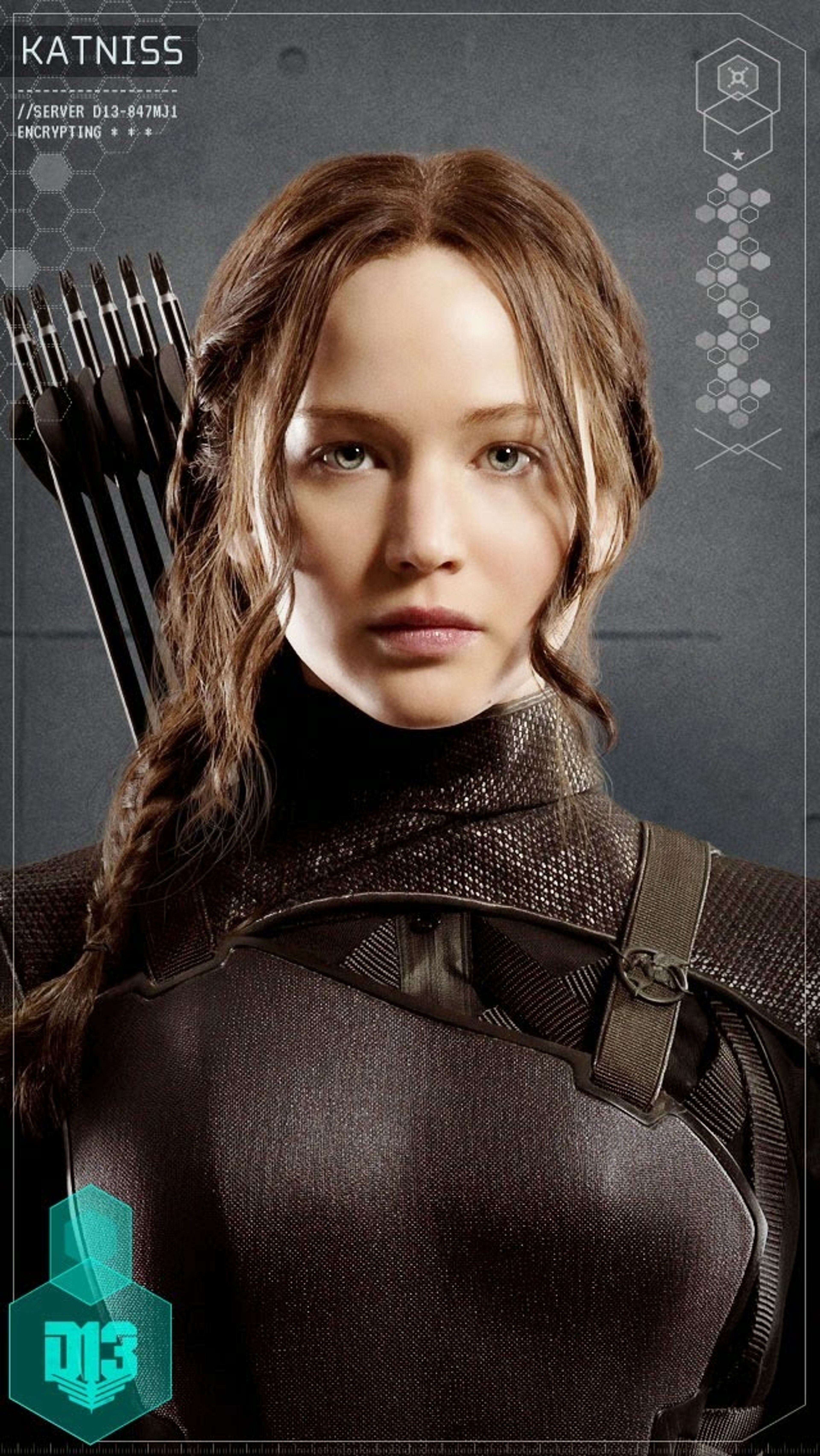 A young woman with long brown hair holding a bow and arrow against a futuristic, dystopian background.