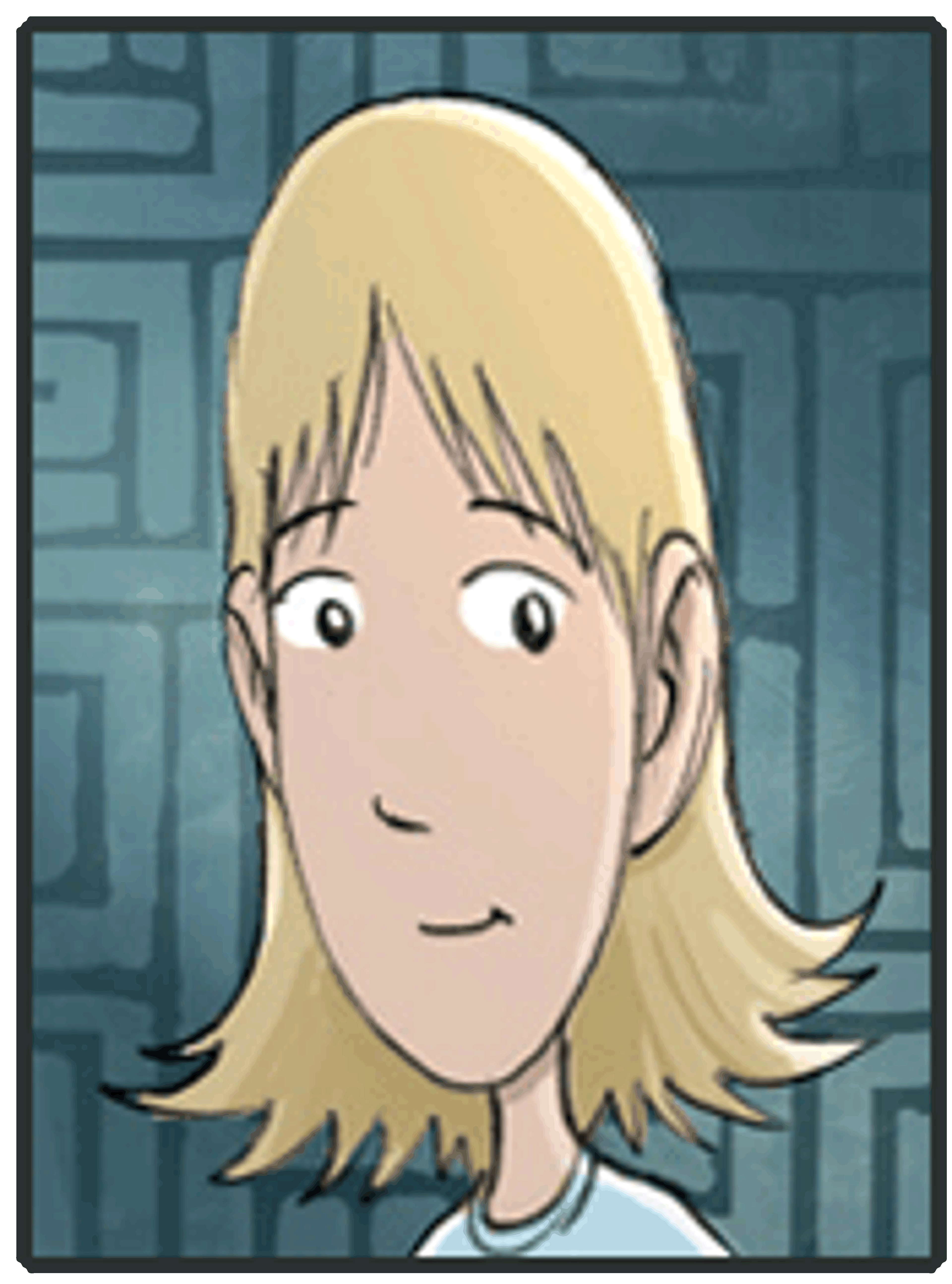 A close-up portrait of a young blonde woman with a friendly expression