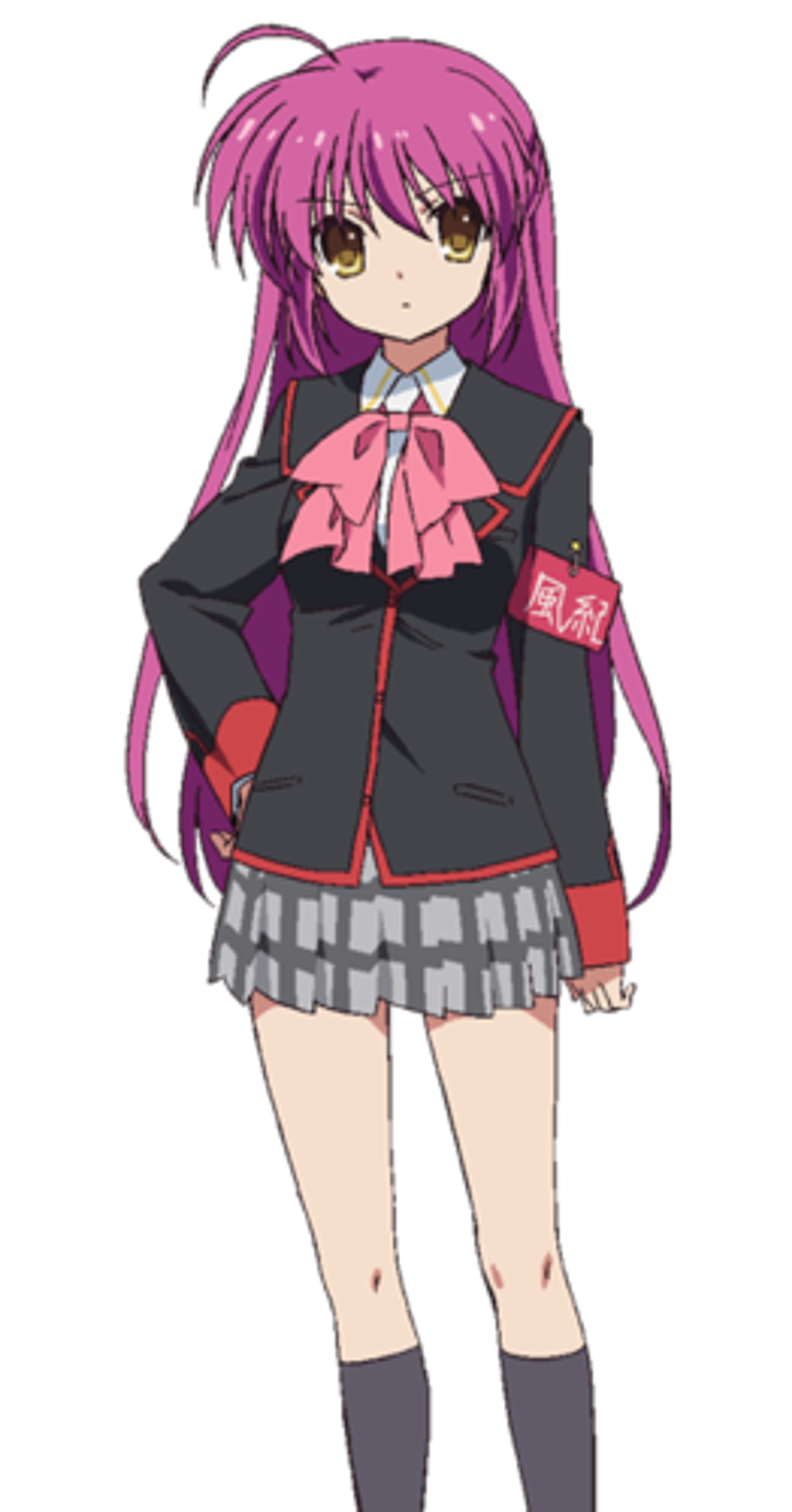An anime-style character with pink twin-tailed hair wearing a black school uniform with a red bow tie