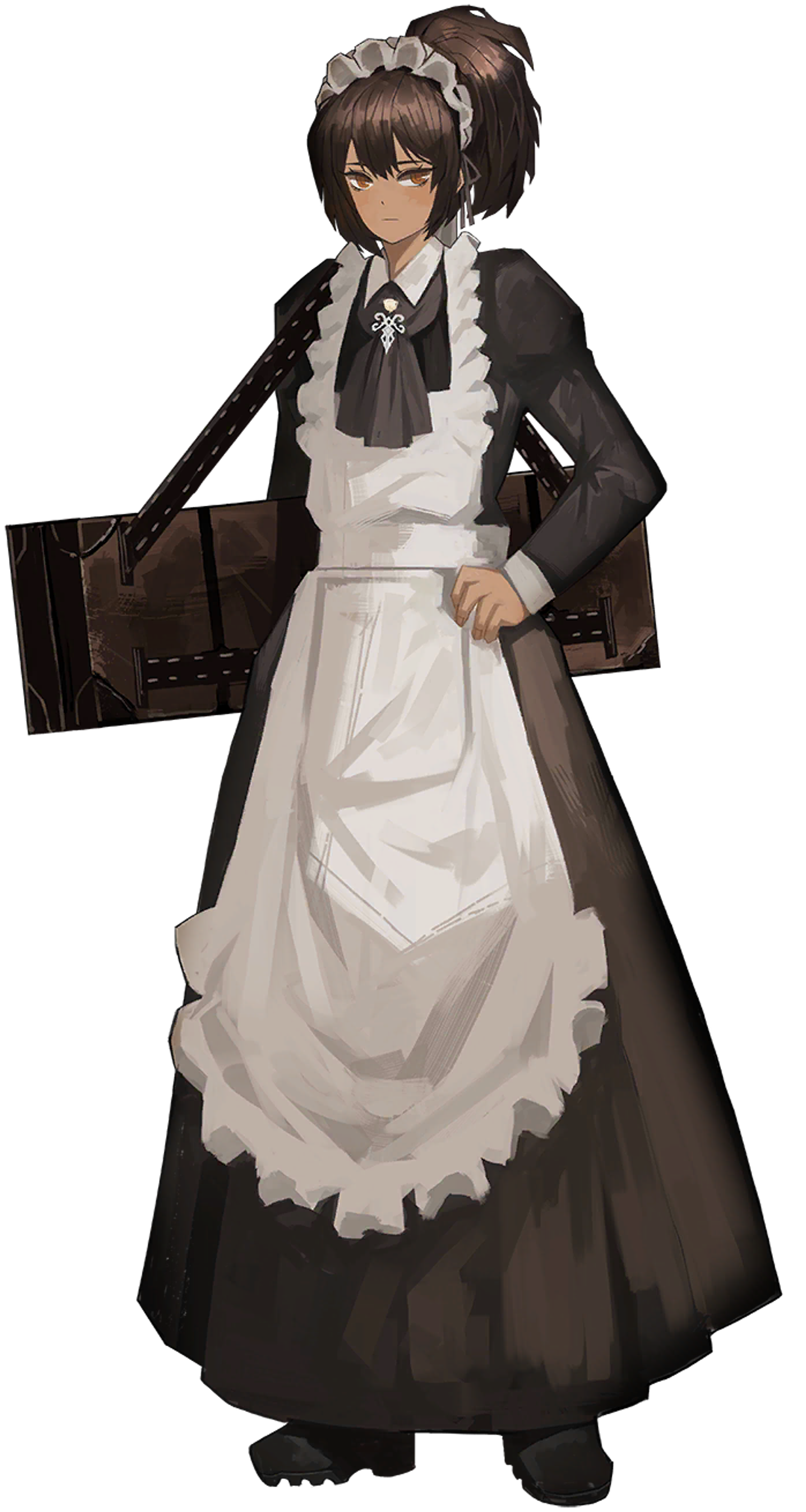 A young woman in a maid uniform carrying a large brown box