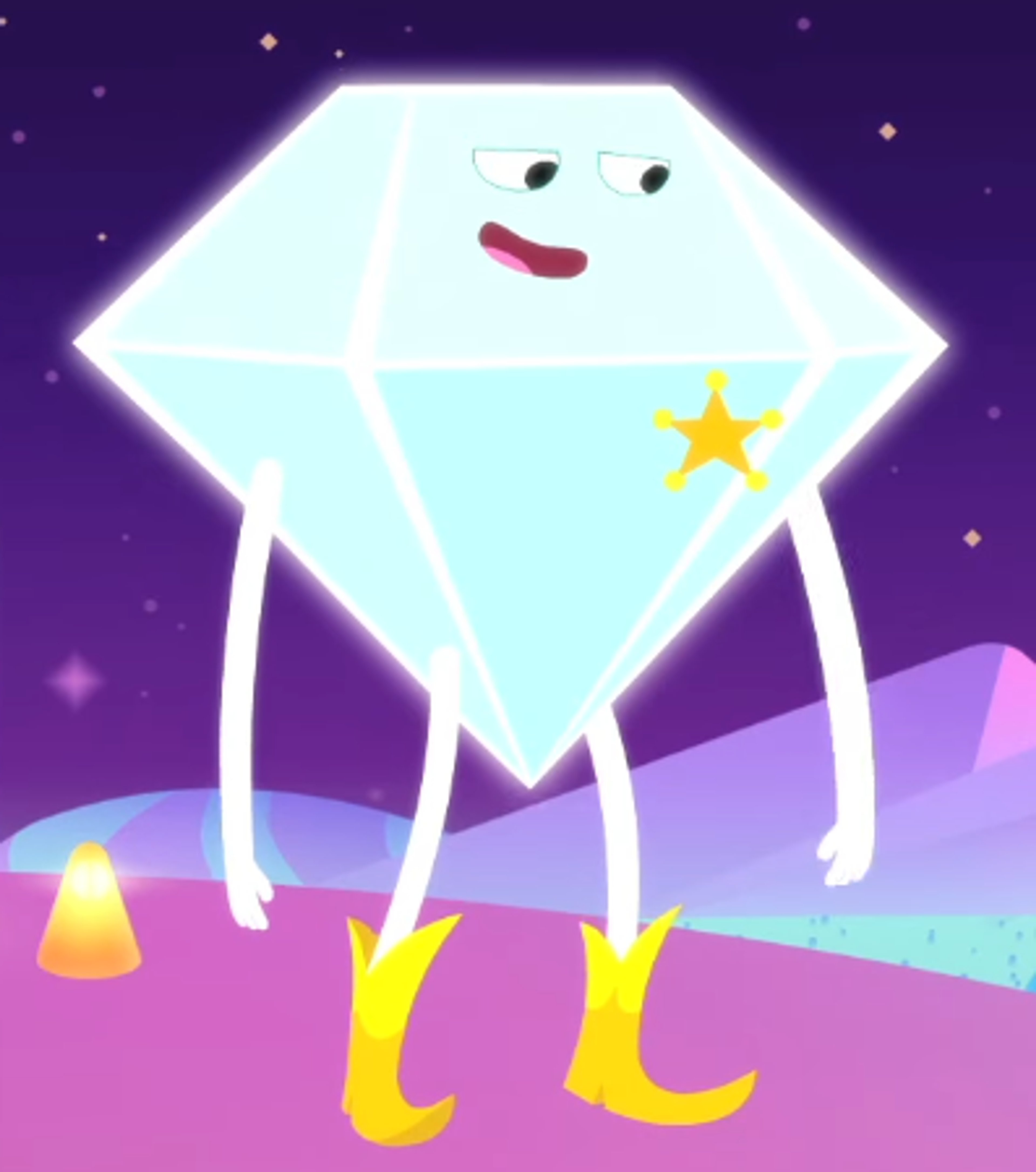 A diamond-shaped character named Dazzlessence Jones wearing a sheriff's badge and standing in a whimsical, colorful landscape.
