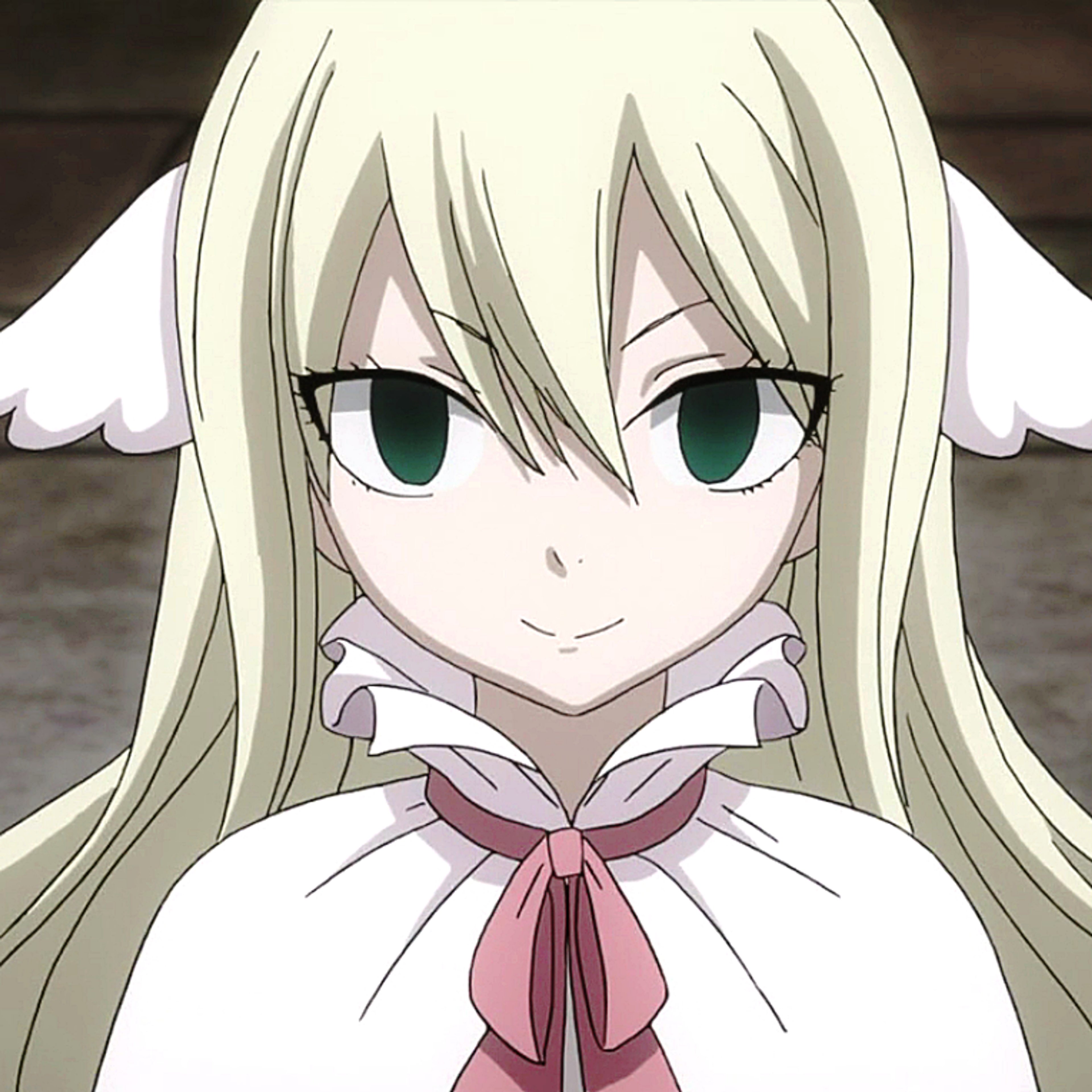 An anime-style character with long blonde hair and green eyes, wearing a pink bow tie.