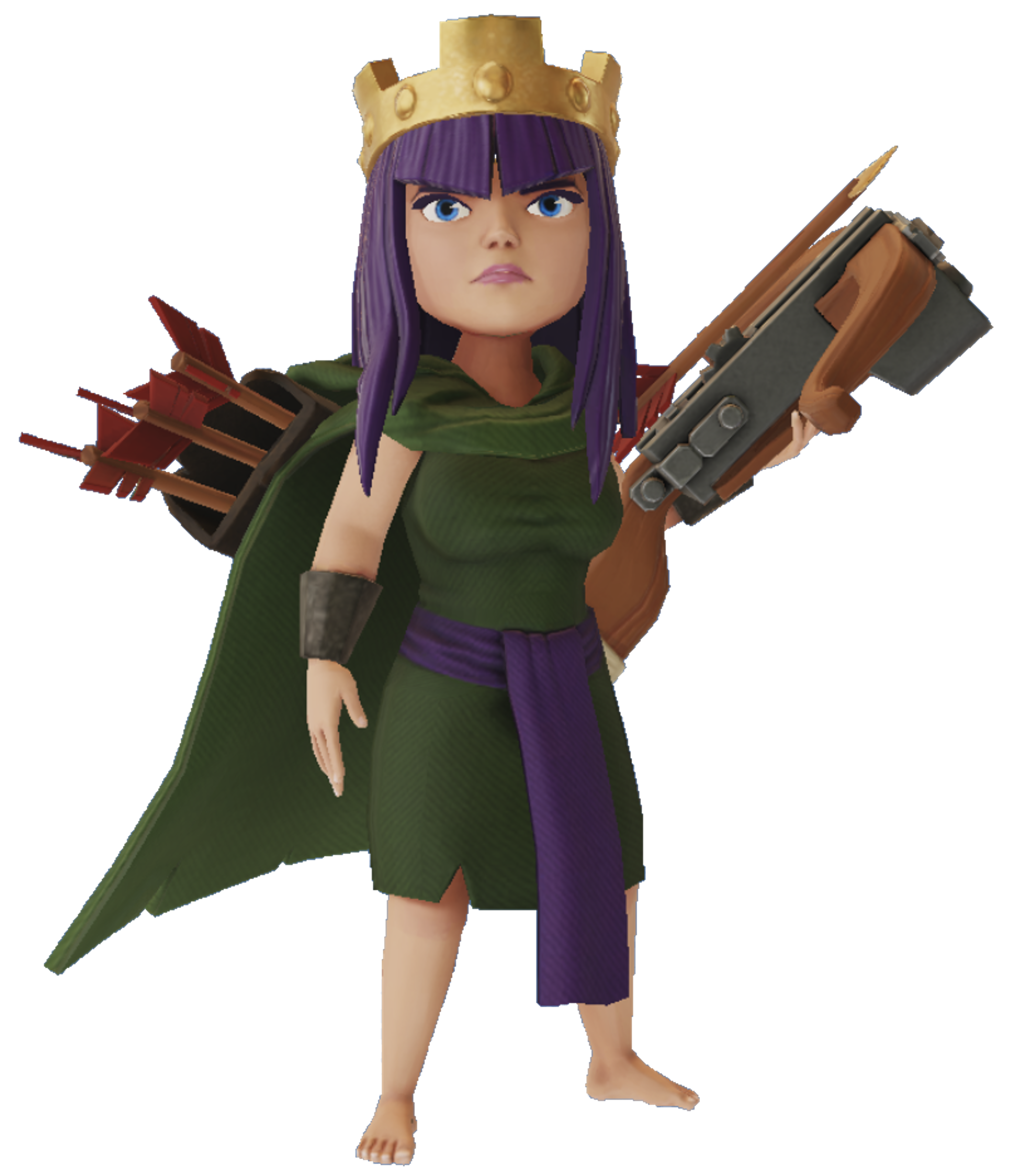 A female character with purple hair, a golden crown, and a modified crossbow-like weapon