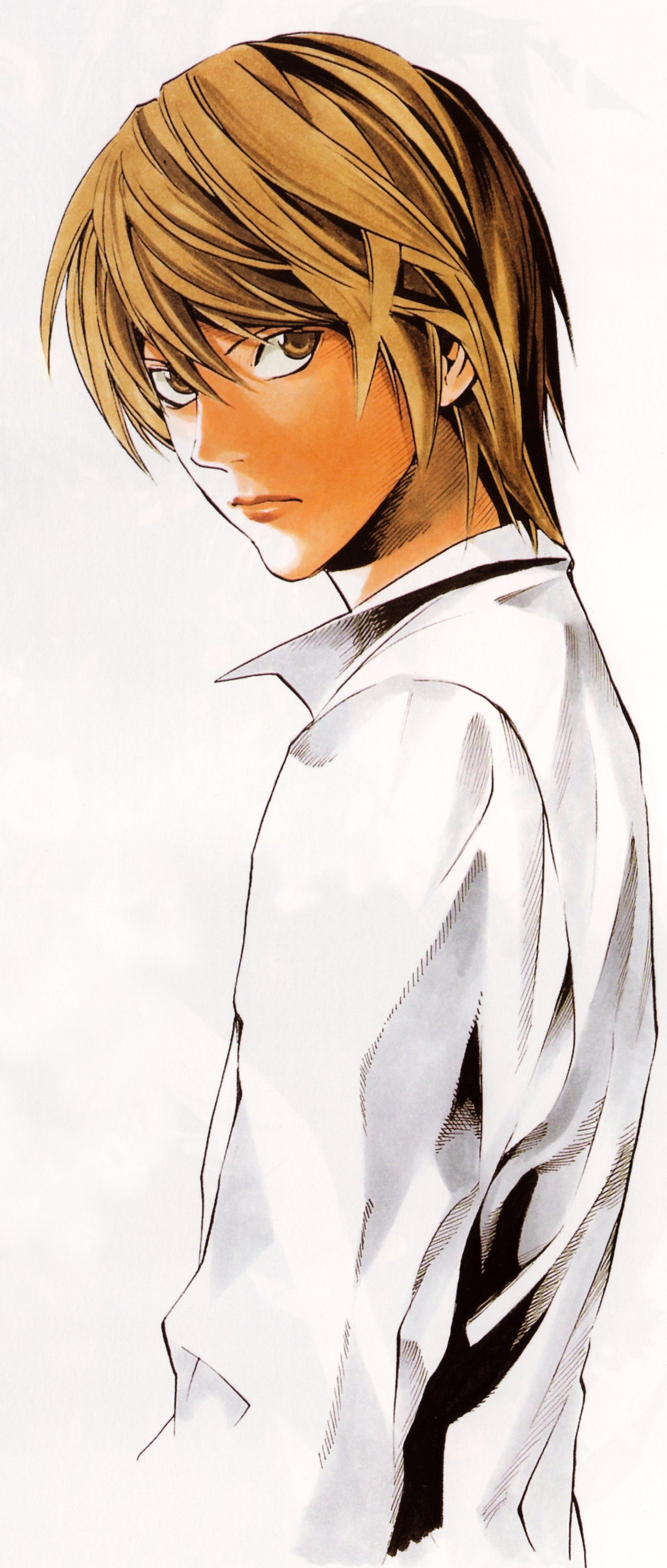 An anime-style character with blonde, spiky hair and intense eyes wearing a white collared shirt