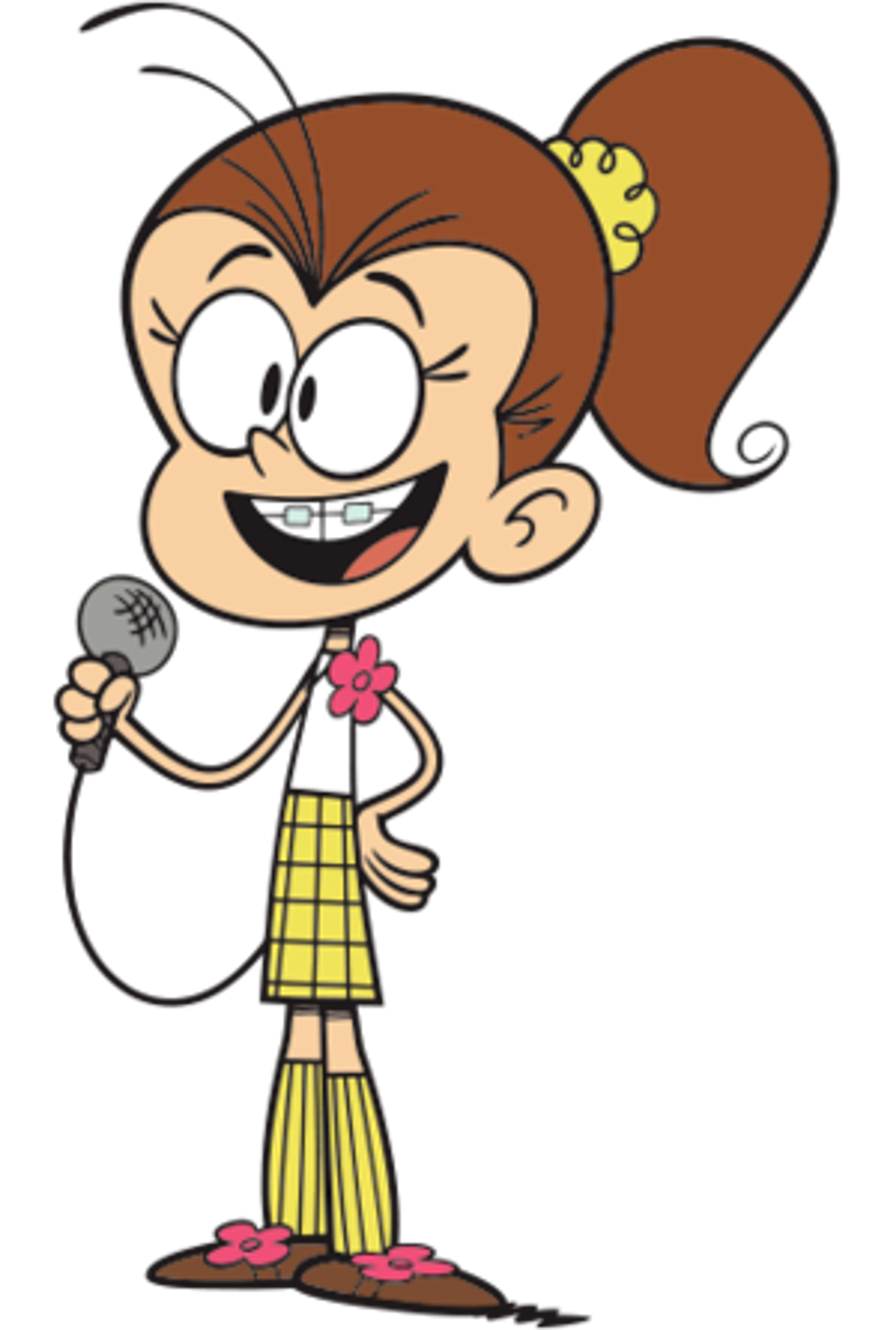 An animated cartoon character named Luan Loud, a 14-year-old girl with brown hair in a ponytail, braces, and a yellow dress, holding a flower prop and making a mischievous expression.