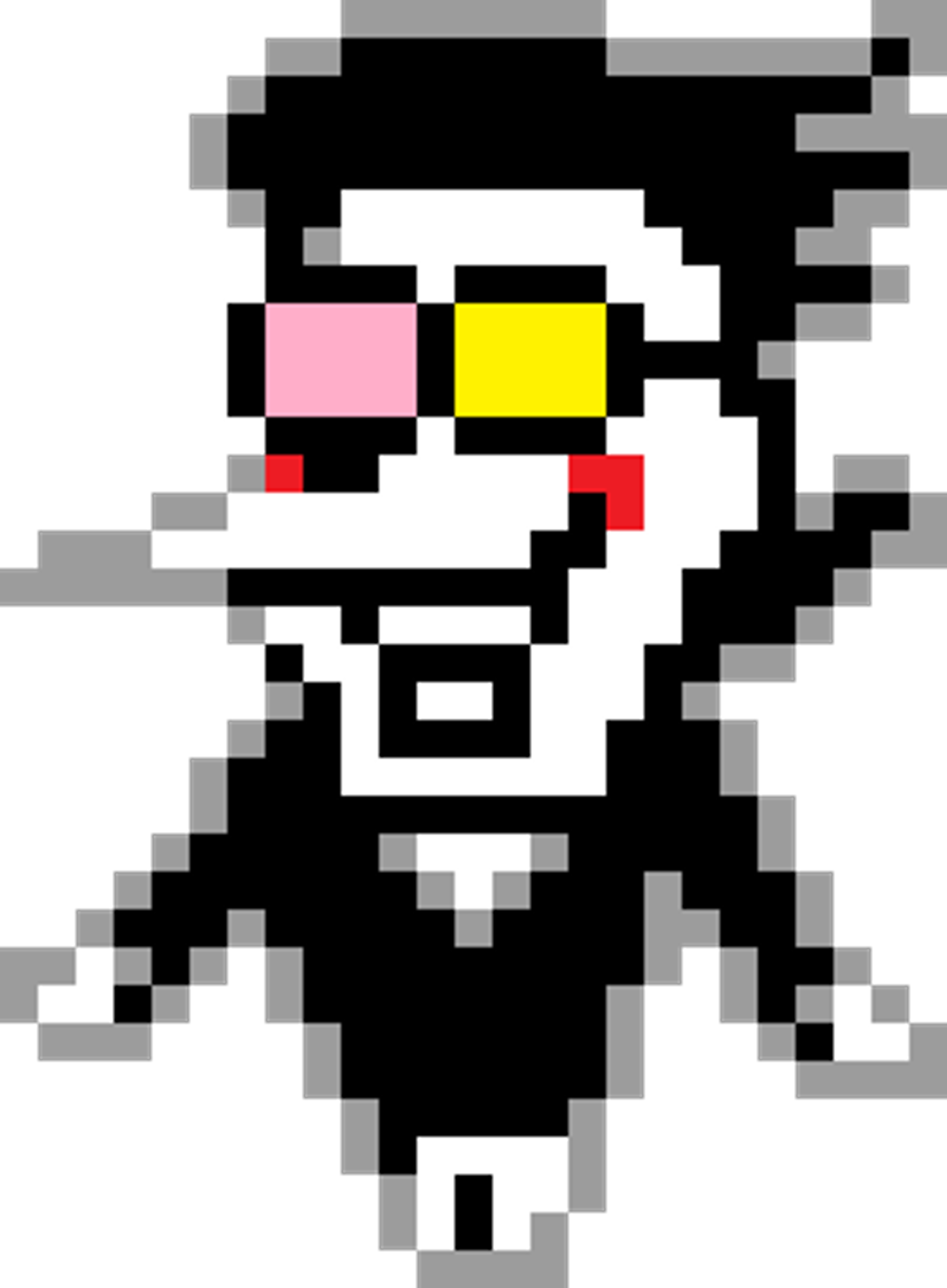 A pixelated, cartoonish character with a large, distorted head and exaggerated facial features.