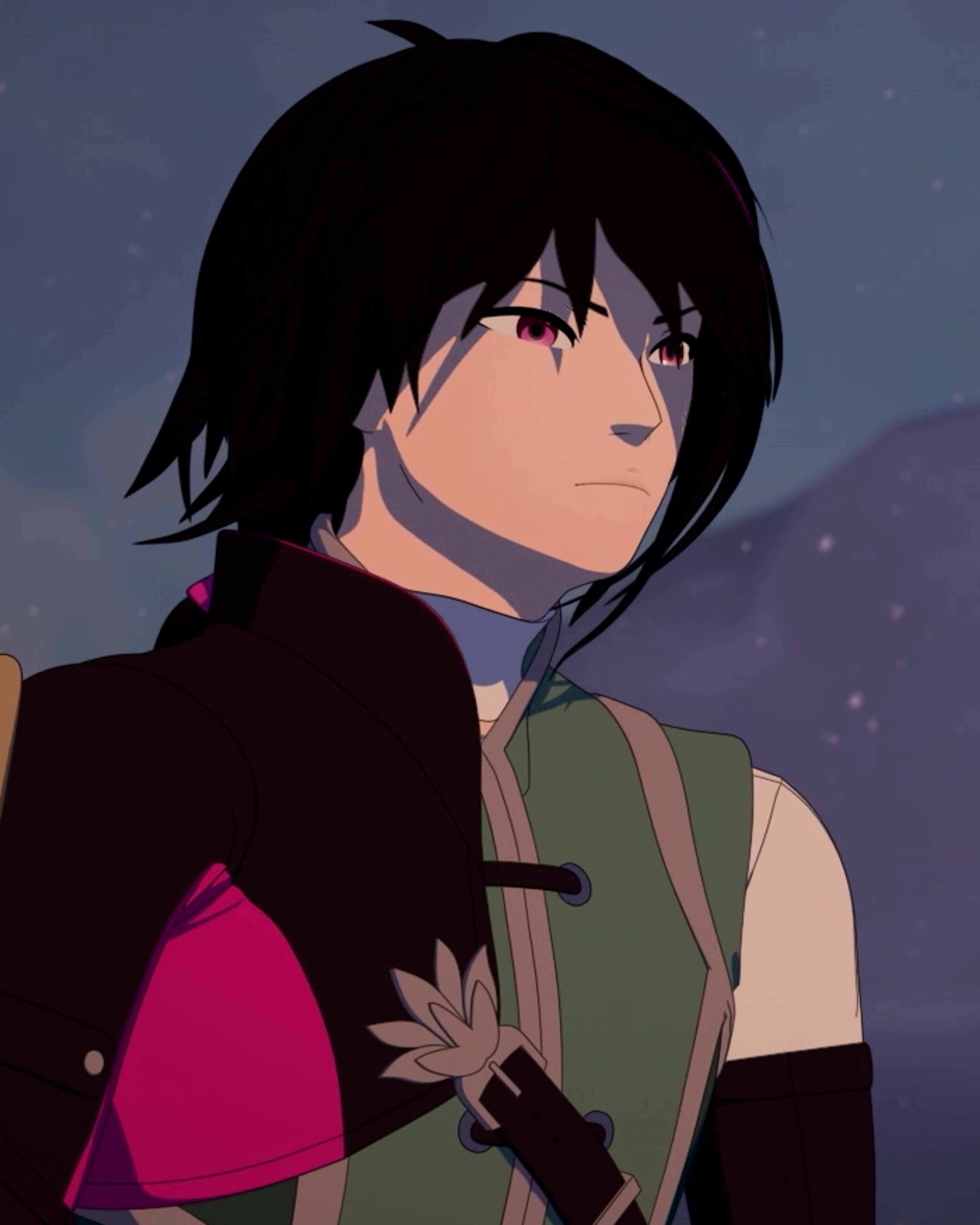A young male character with long black hair and a magenta streak, wearing traditional Eastern-inspired clothing and having a calm, stoic expression.