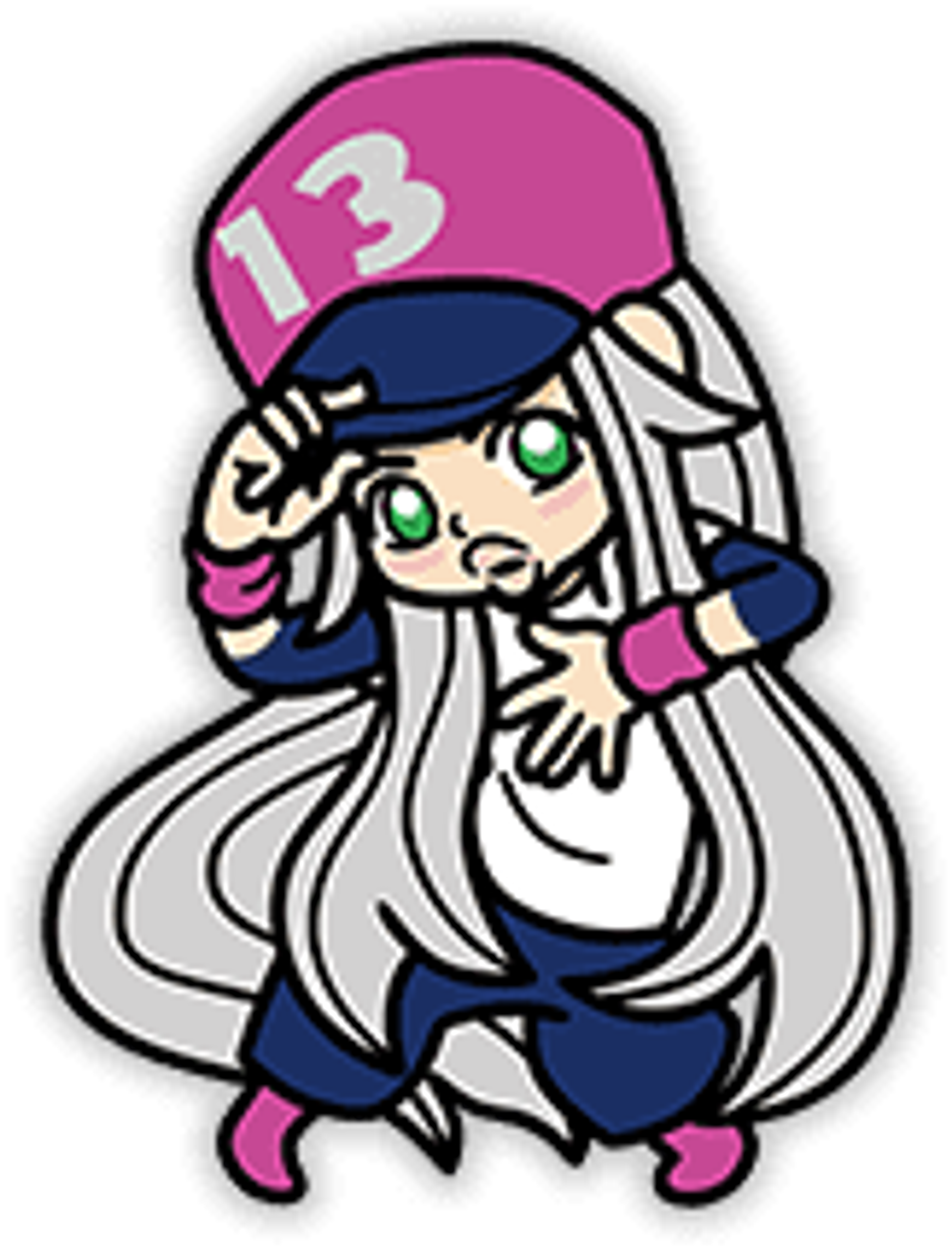 A cartoon character with long silver hair, bright green eyes, and a purple cap with the number 13