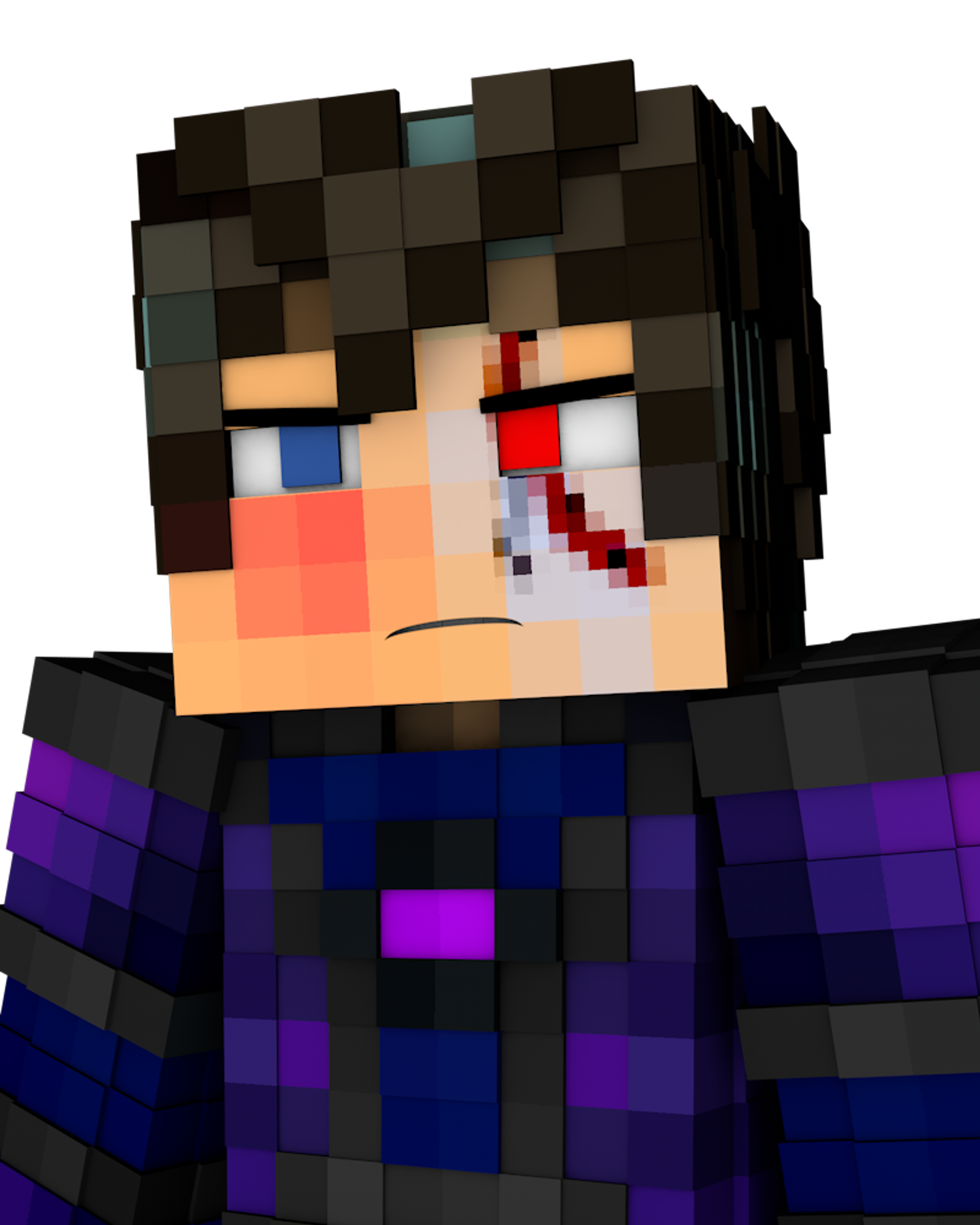 A detailed pixel art character with heterochromatic eyes and a determined expression, wearing a purple and black outfit with armor-like elements.