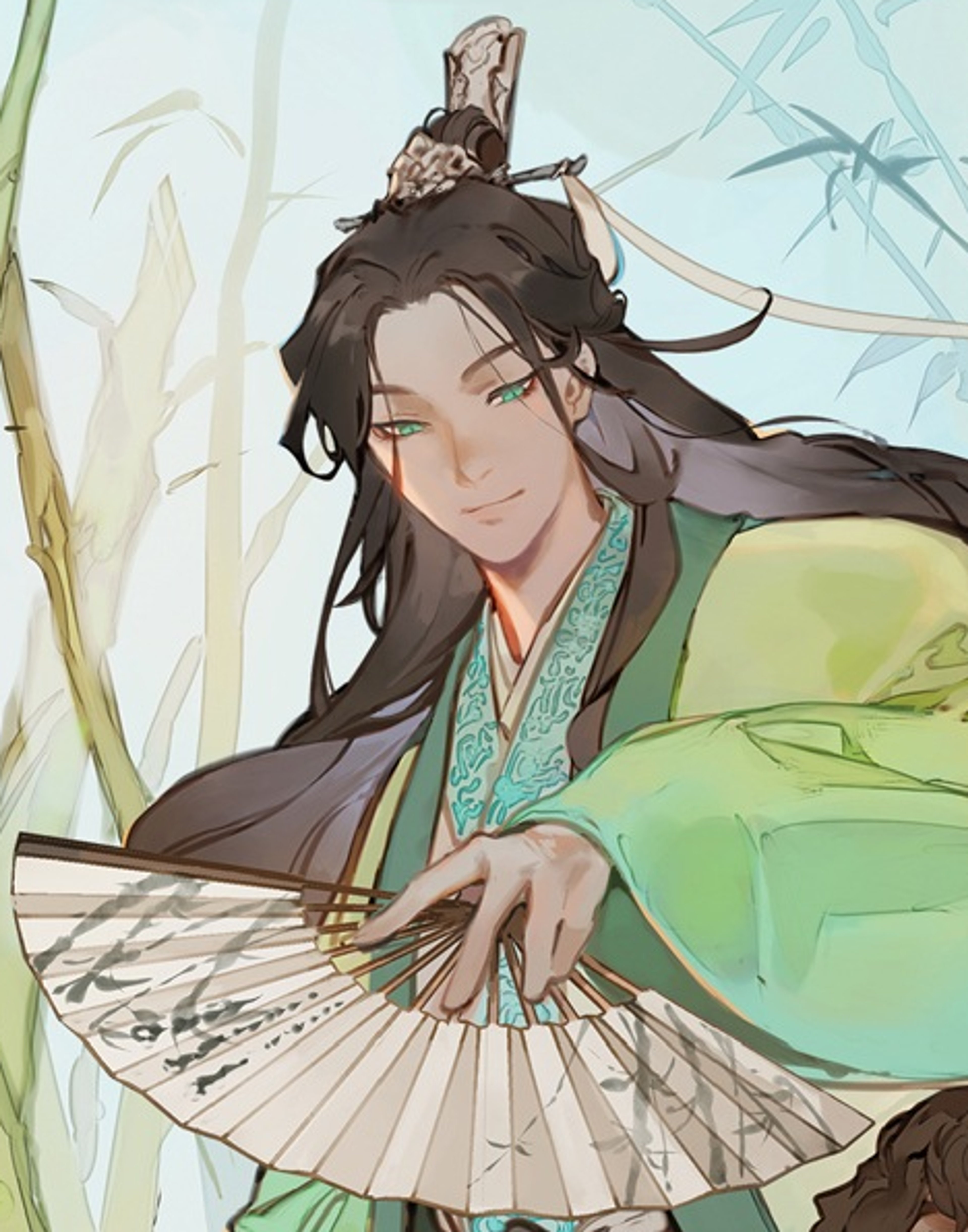 An elegant, scholarly-looking man in traditional East Asian-inspired clothing holding a fan