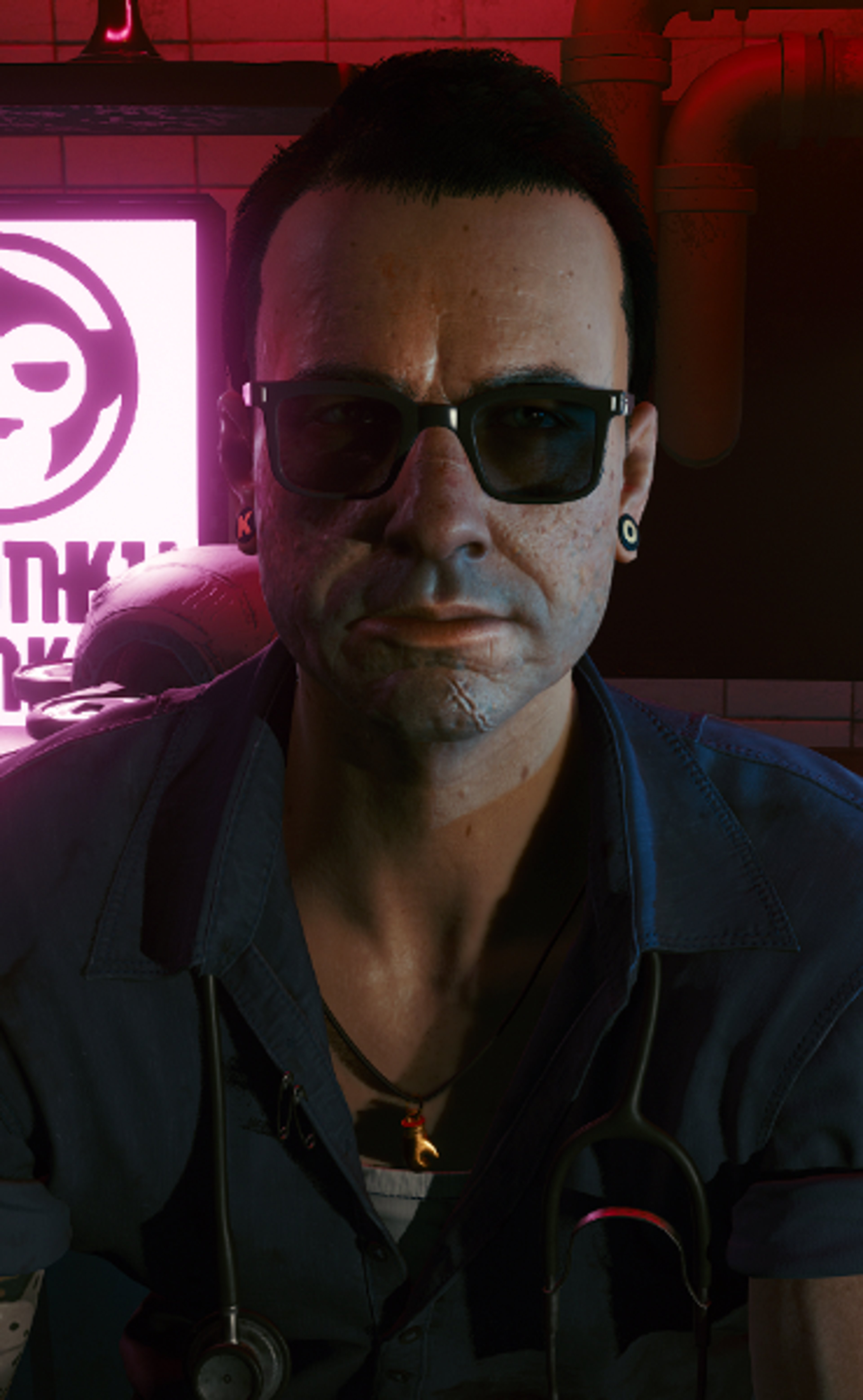 A middle-aged man with a gruff, professional appearance in a dimly lit urban setting