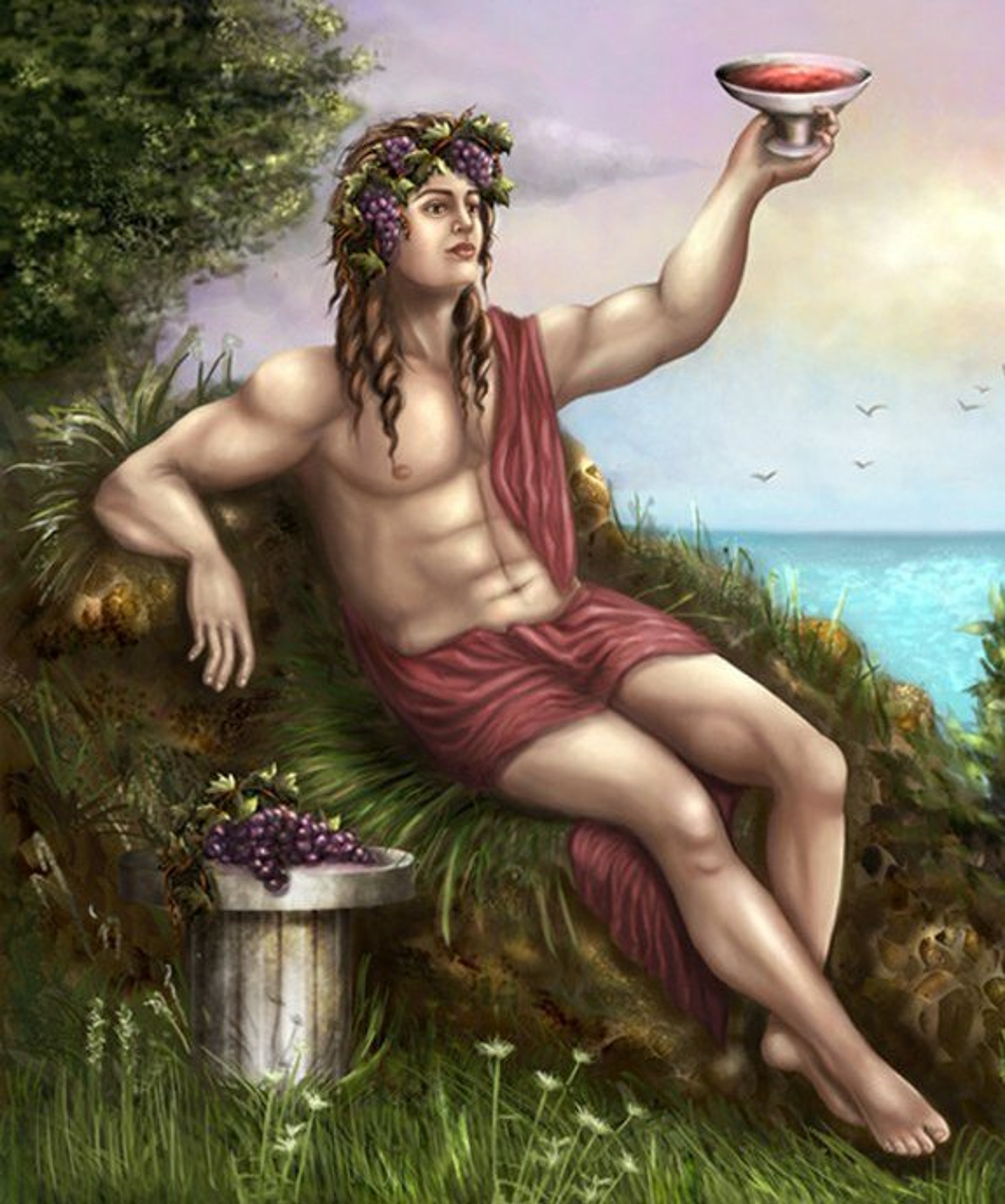 A shirtless, muscular male figure with long, curly hair and a wreath of grape leaves, sitting on a grassy hill overlooking a body of water and holding a shallow bowl or cup.