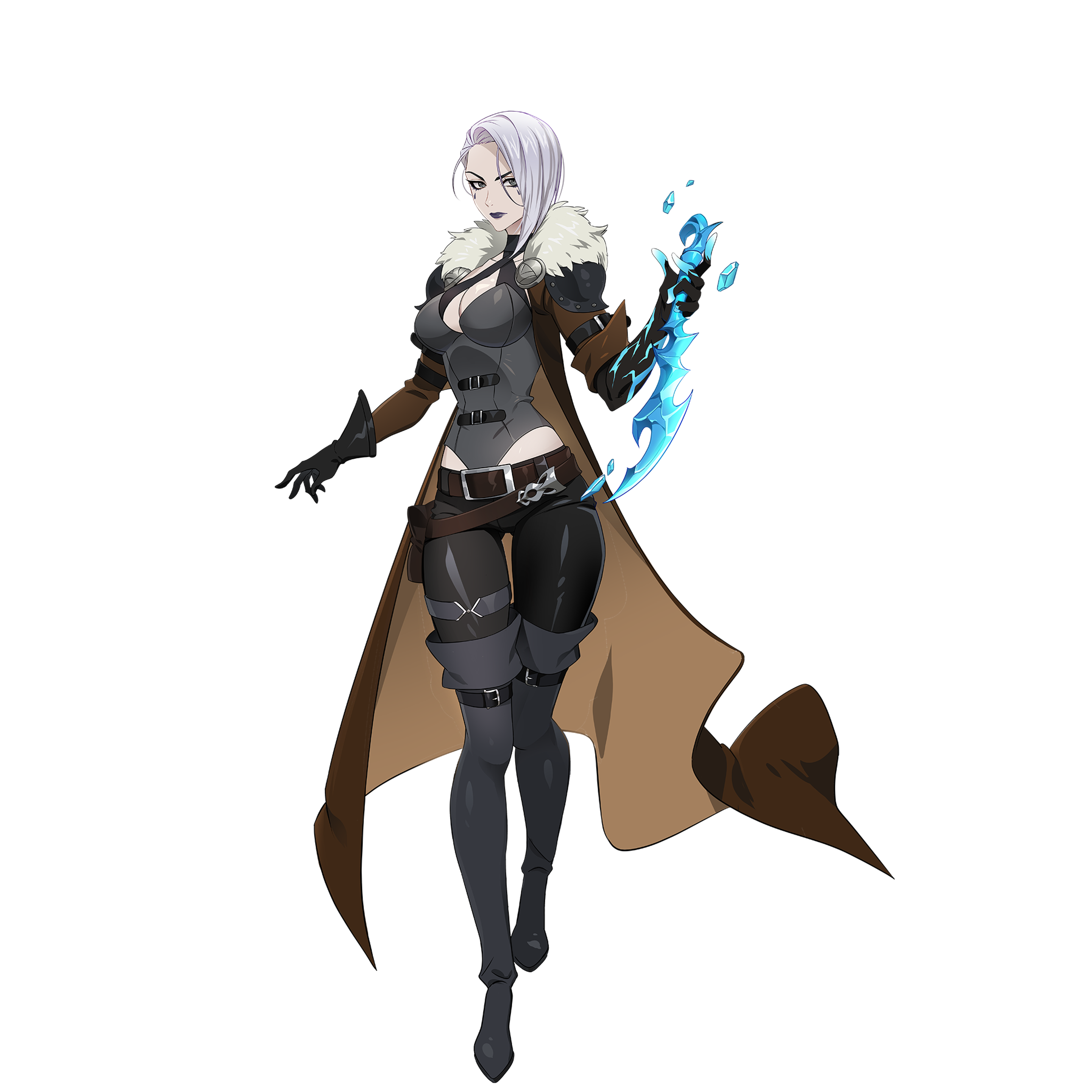A tall, imposing female giant character with long white hair and piercing silver eyes, wearing a practical black hunter's coat and carrying ice-based weapons.