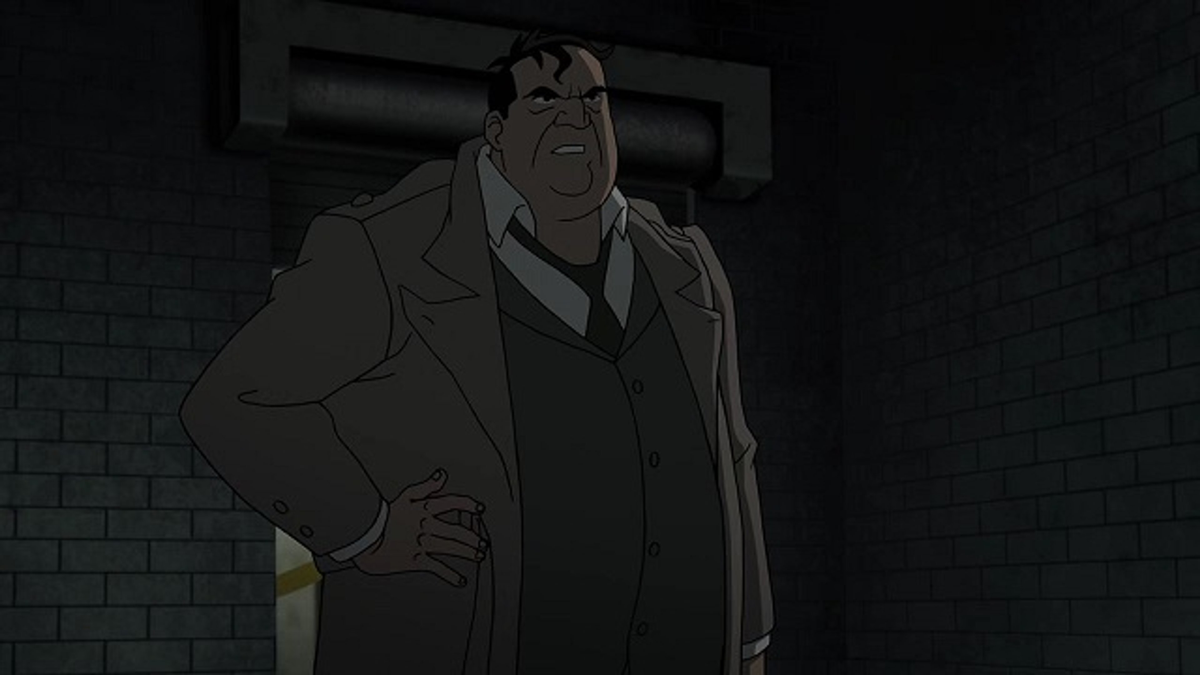 A gruff, disheveled-looking middle-aged man in a rumpled suit and trenchcoat, resembling the character of Harvey Bullock from the Batman universe.