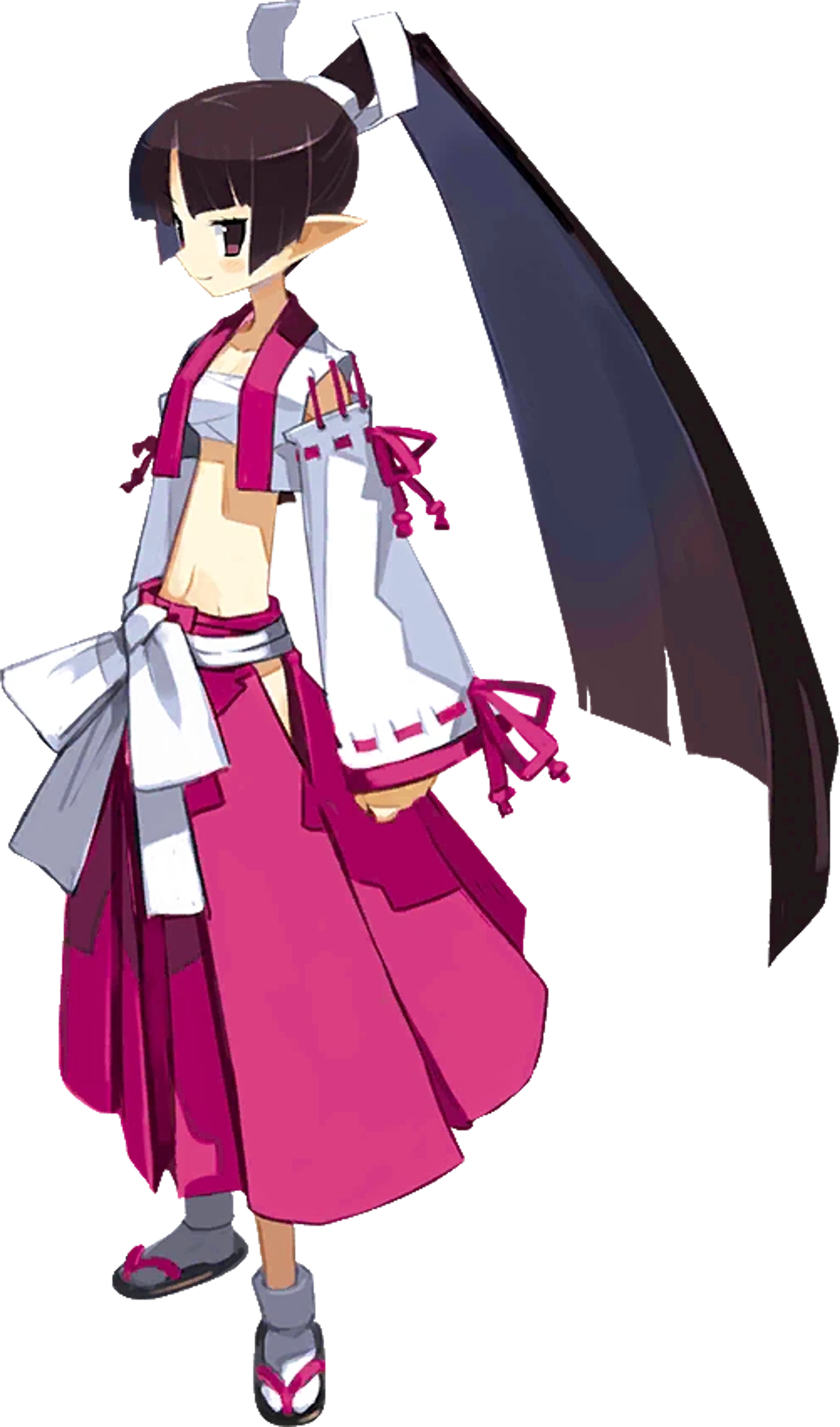 An anime-style character with long dark hair, wearing a modified school uniform and carrying samurai weapons.