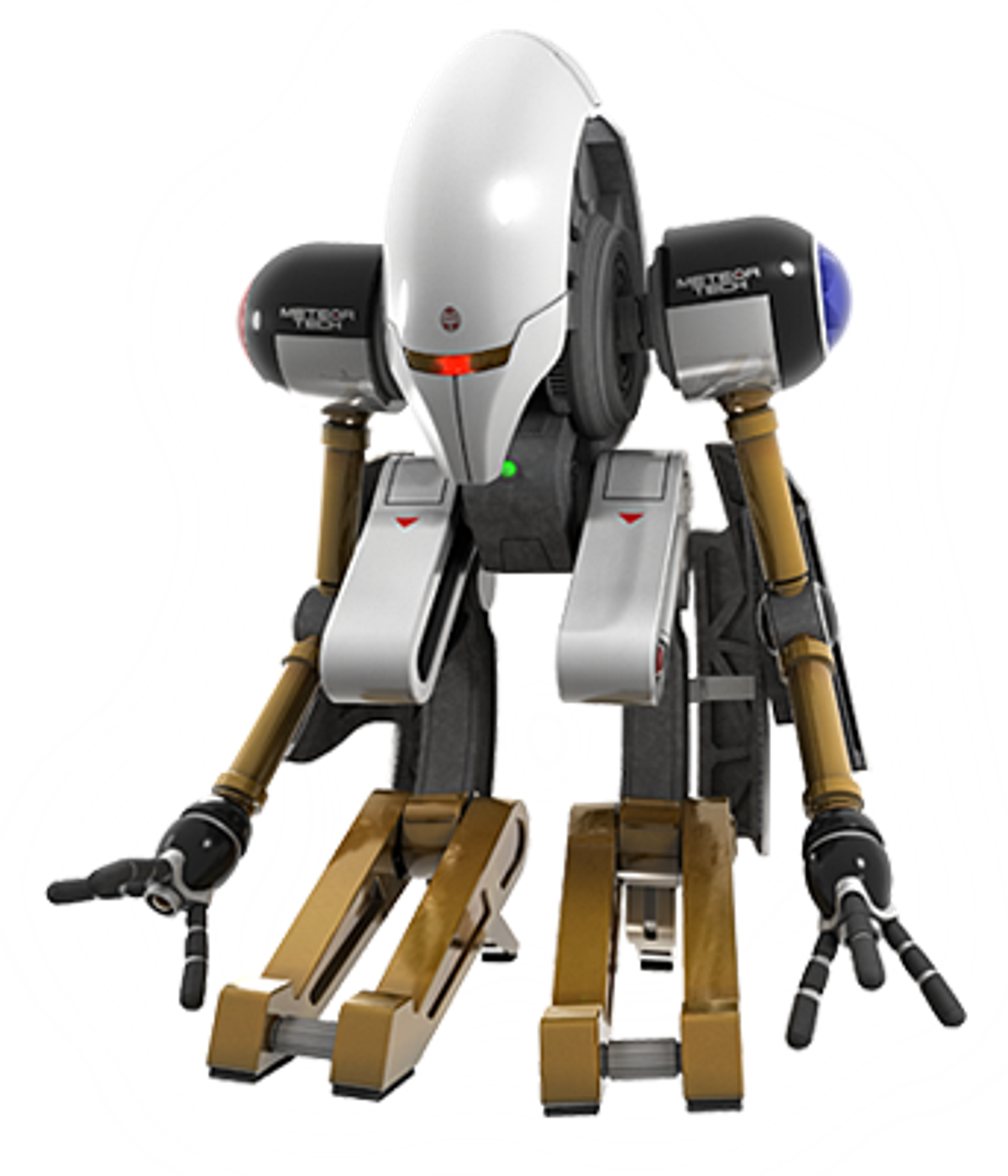 A white and black security robot with a disk-shaped torso and wheel-like form.