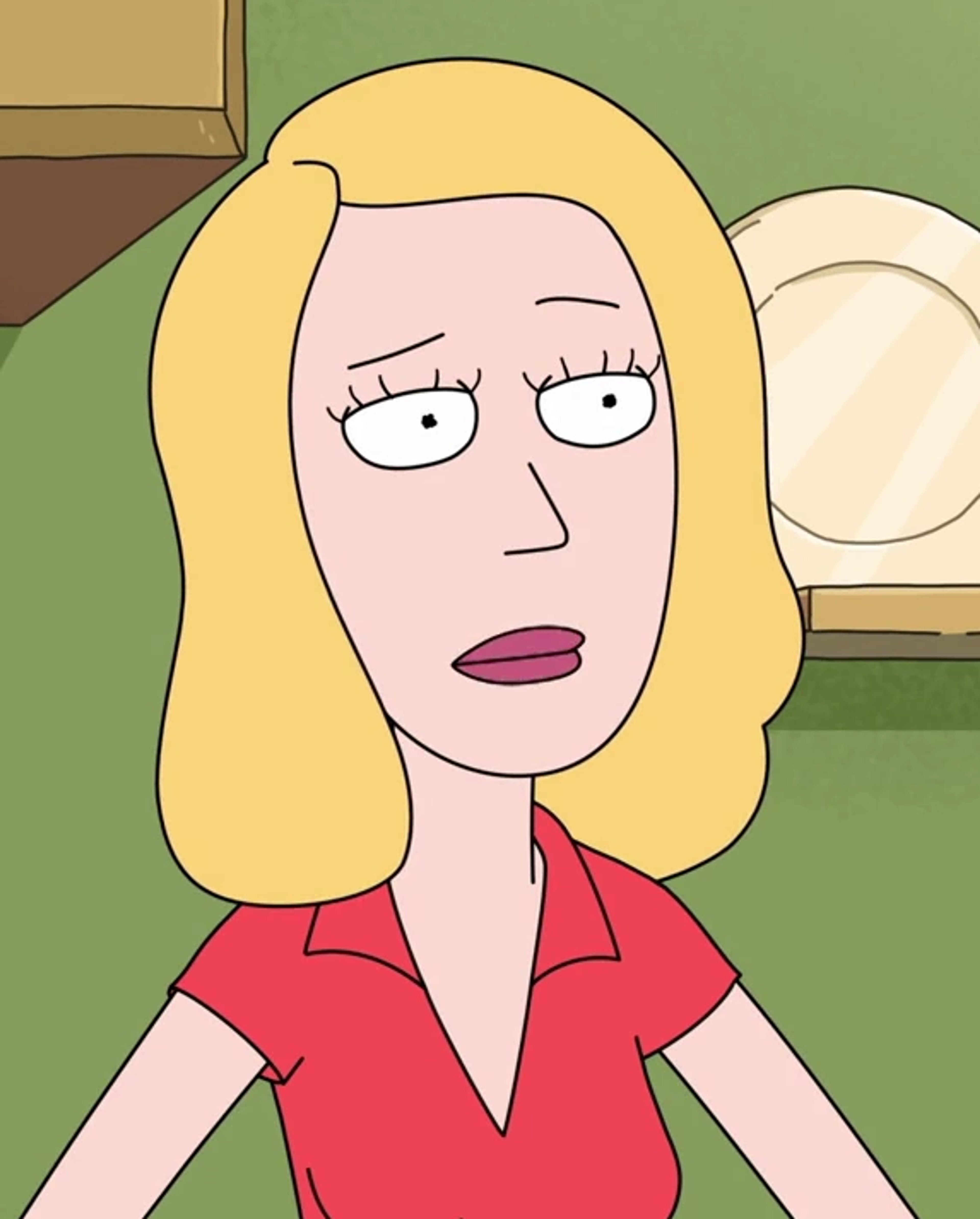 A cartoon character with blonde hair and a red shirt making an exaggerated facial expression