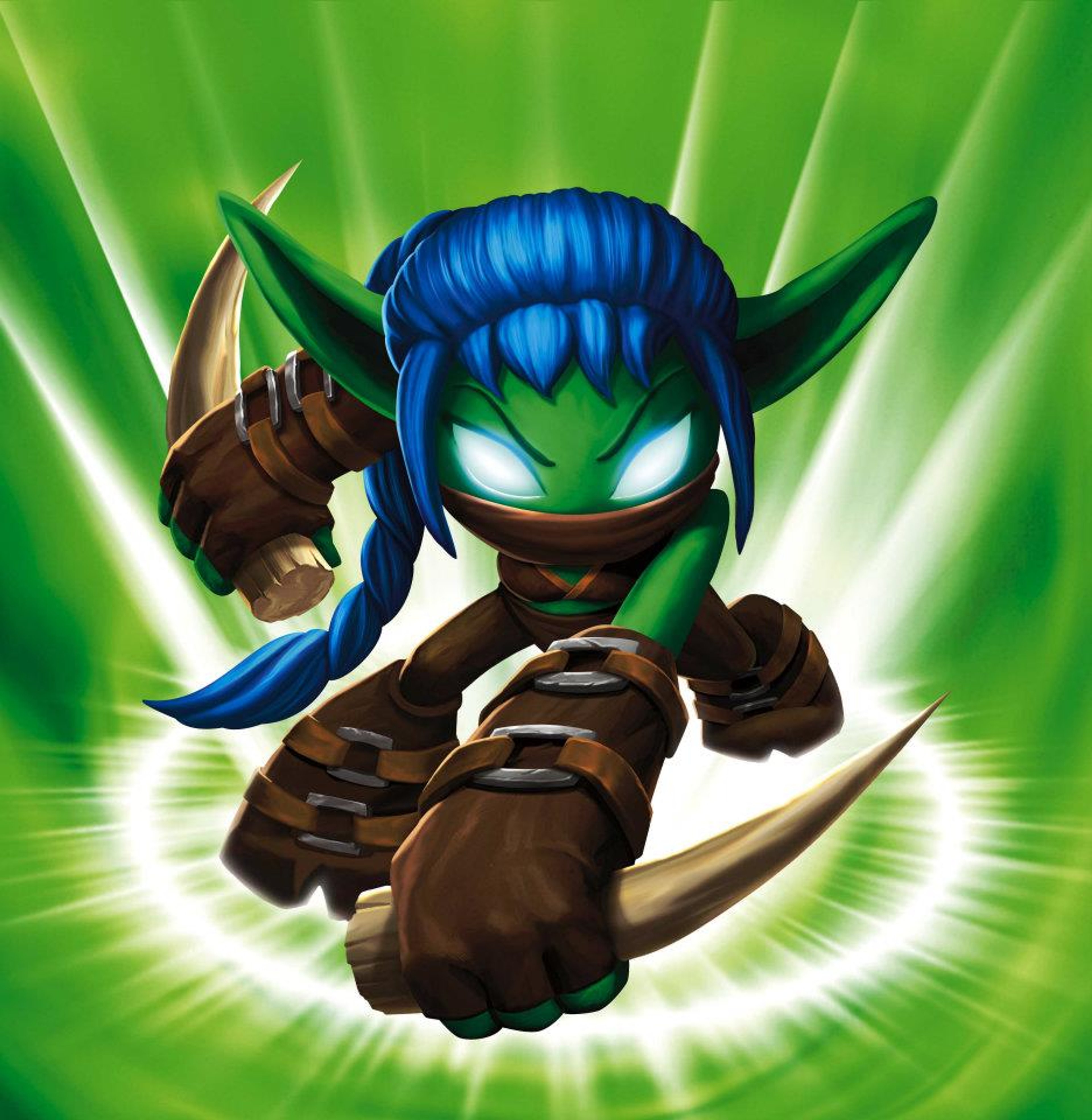 A fantasy character named Stealth Elf, a female elf with blue skin, pointed ears, and long blue hair, wearing brown leather armor and wielding daggers.