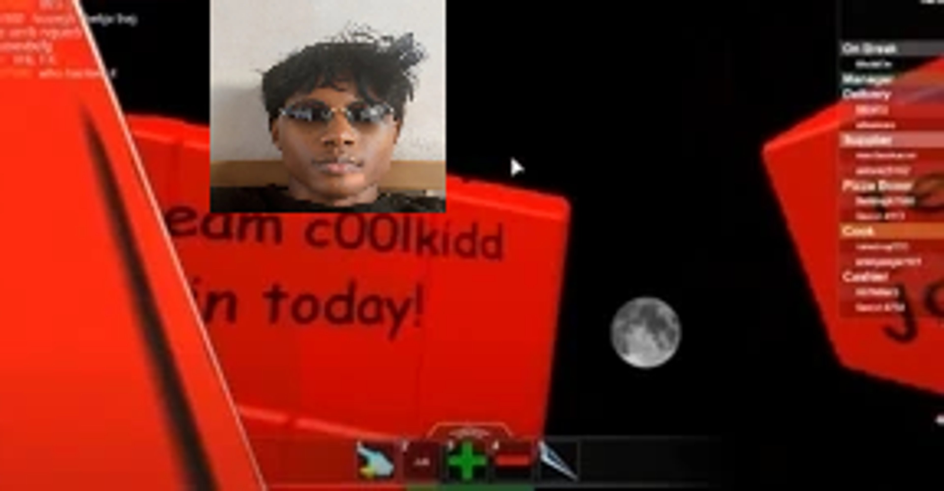 A Roblox character with a mischievous grin, wearing a red shirt with the text 'c00lkidd'.