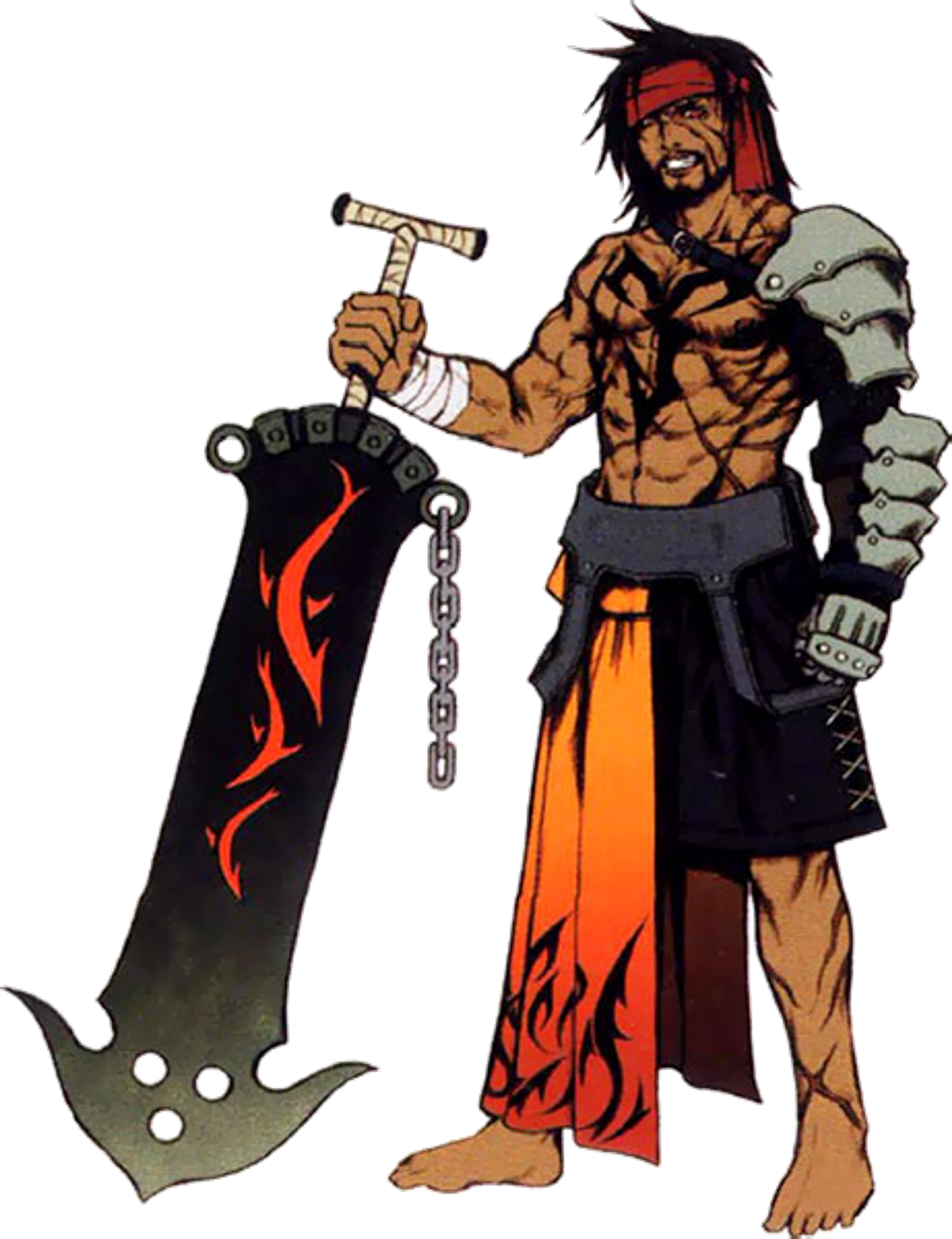 A muscular, dark-haired man with red eyes holding a large sword-like weapon