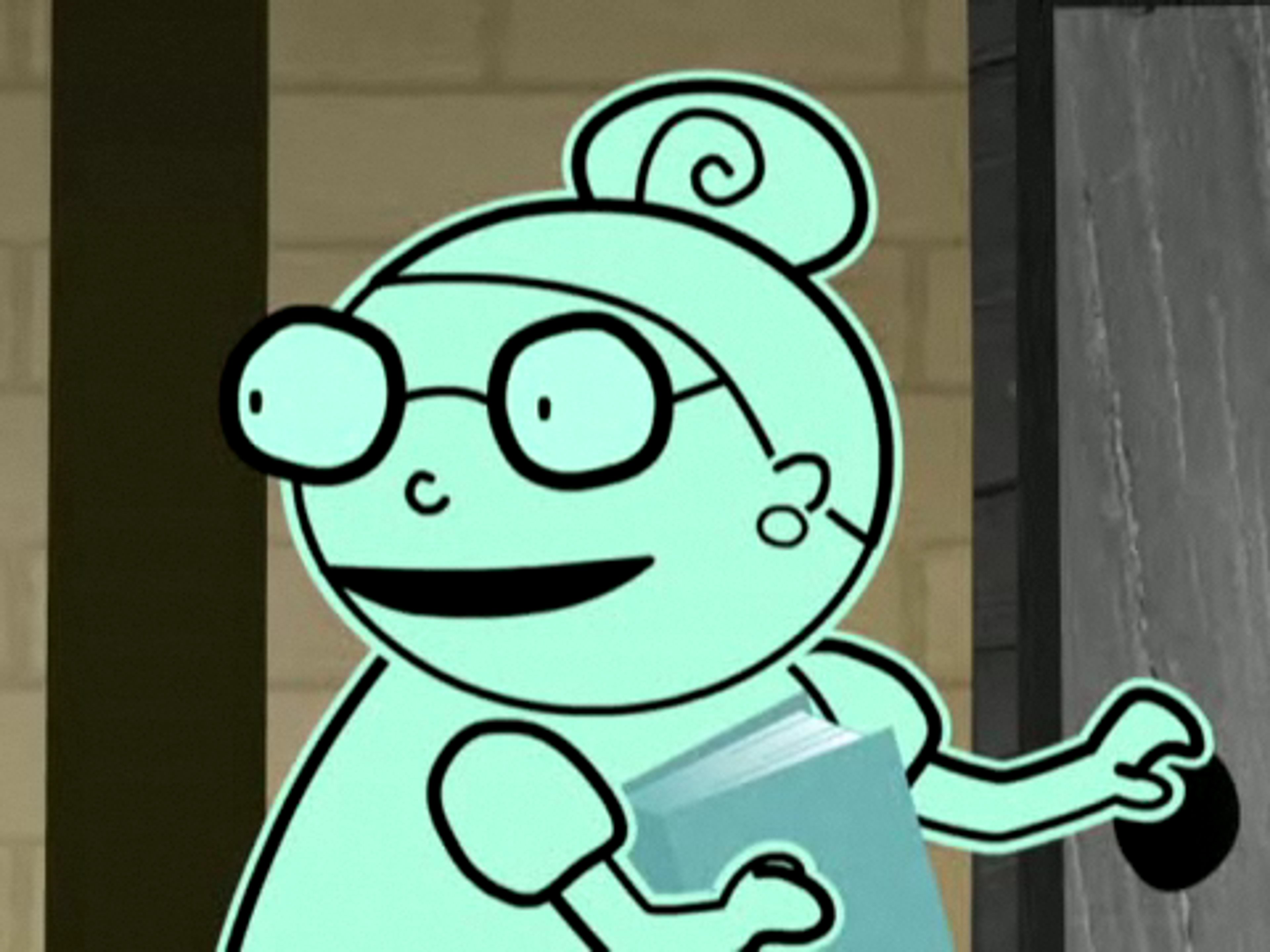 An animated character of a cheerful, oblivious elementary school teacher