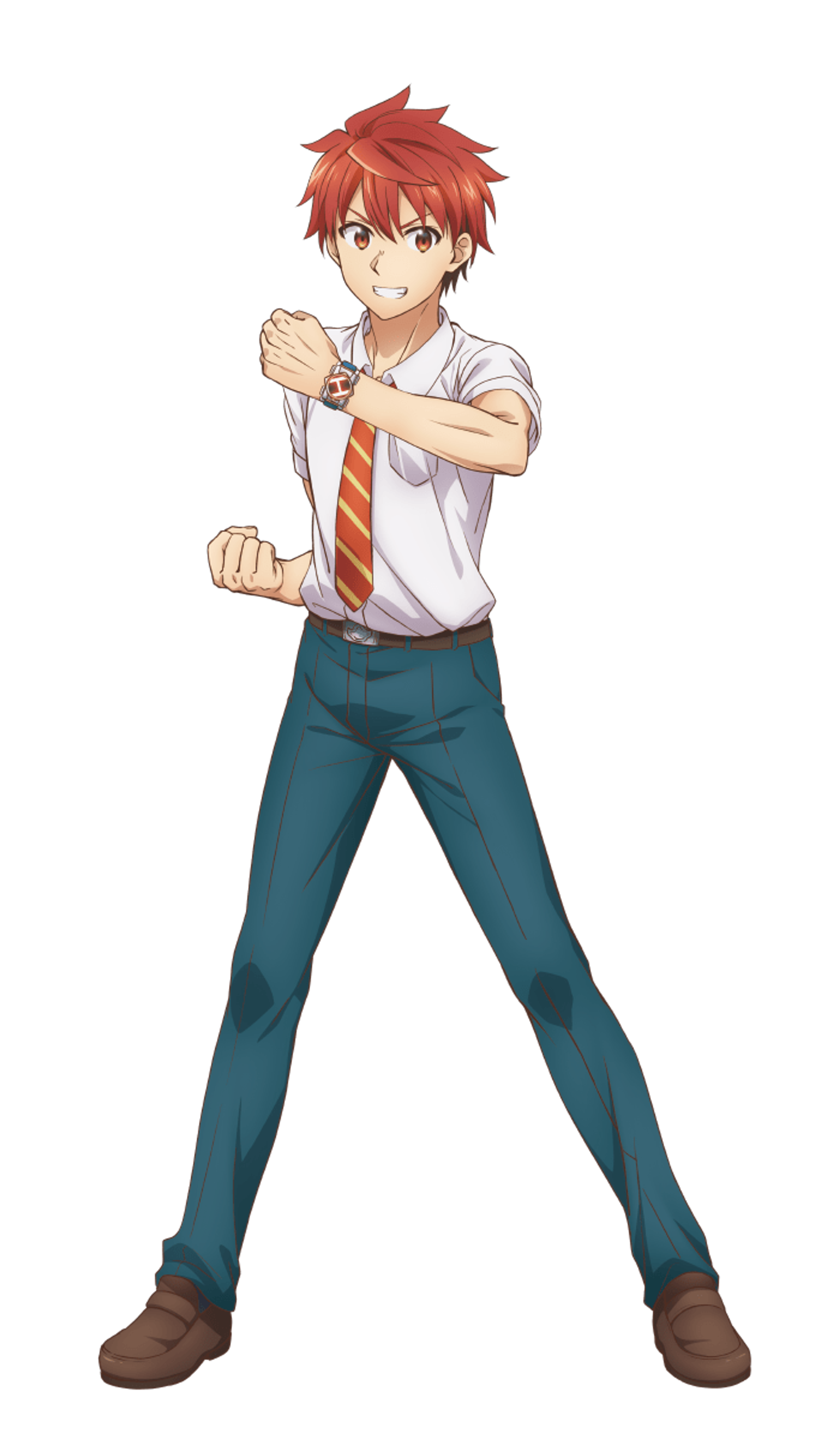 A young man with red hair in a heroic pose