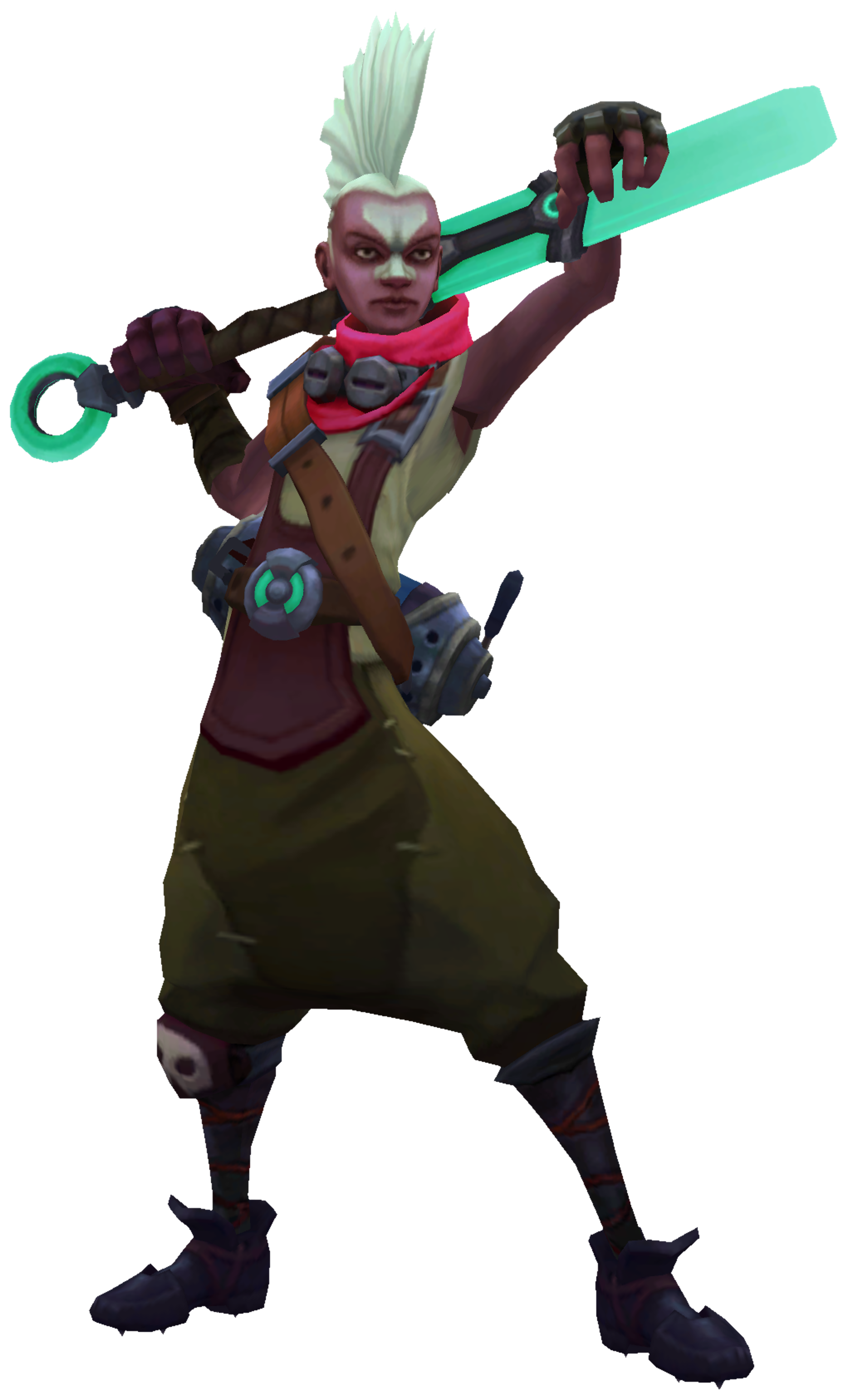 A young, androgynous character with green hair and a red scarf, holding a glowing green weapon or tool.